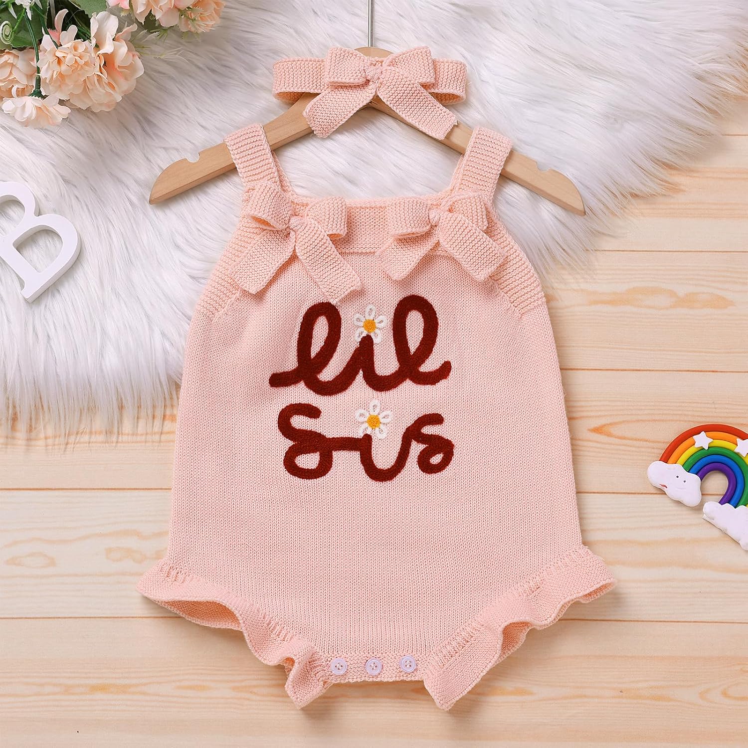 ODASDO Big Little Sis Matching Outfits Knitted Romper Newborn Infant Baby Girls Sweater Embroidery Vest with Headband - Image 2
