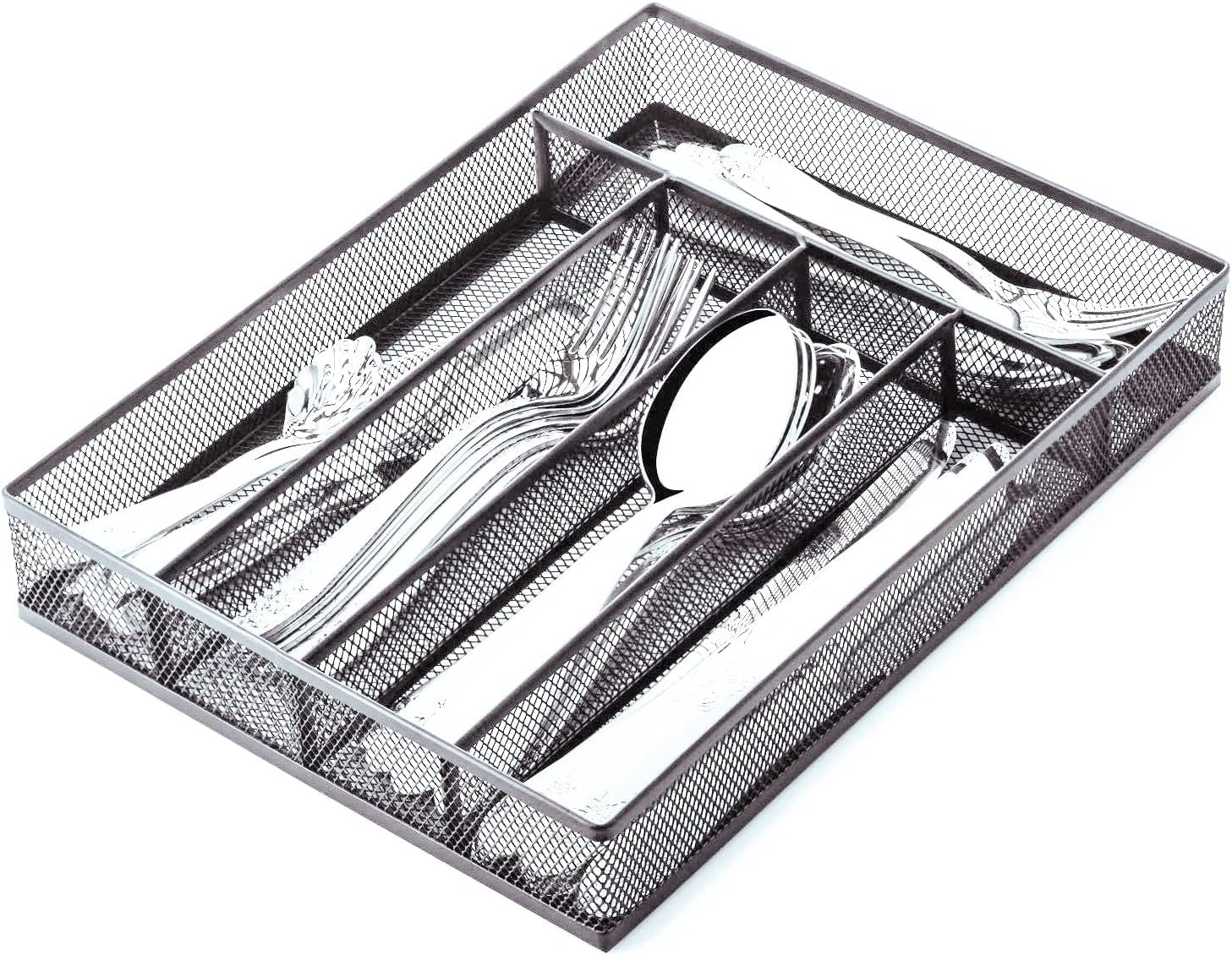 titivate Kitchen Cutlery Tray, Silverware Tray for Drawer with 5 Compartments Storage, Utensil Drawer Organizer Mesh Flatware Silverware Holder for Forks/Knives/Spoons (Silver)