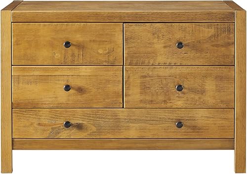 Miniatura 4 de MUSEHOMEINC Madera rústica con cómoda de 5 cajones, mesita de noche de almacenamiento, pomos redondos de metal, acabado de roble rústico