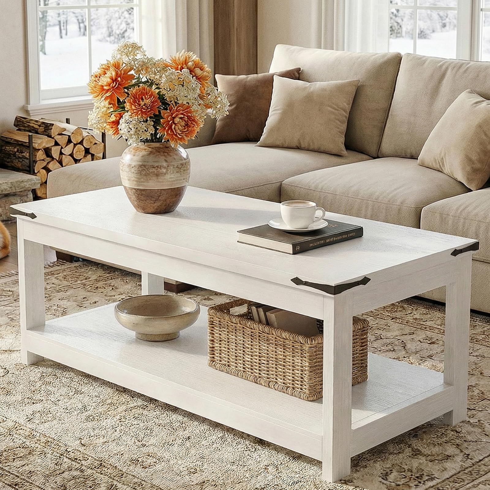 Homieasy 43 3 Rectangular Coffee Table with Storage Shelf Farmhouse Wood Center Table for Living Room Modern Black