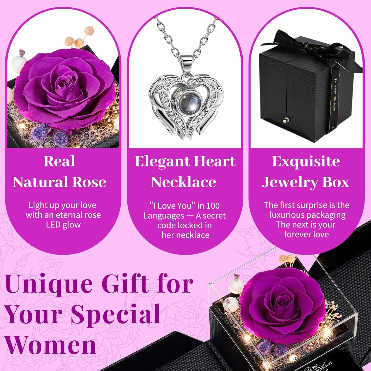 FIACO Valentines Day Rose Gifts for Her Preserved Real Flowers with I Love You Necklace Fresh Forever Flower Birthday for Women Girlfriend Wife Mom Grandma Romantic Eternal Roses - Image 2