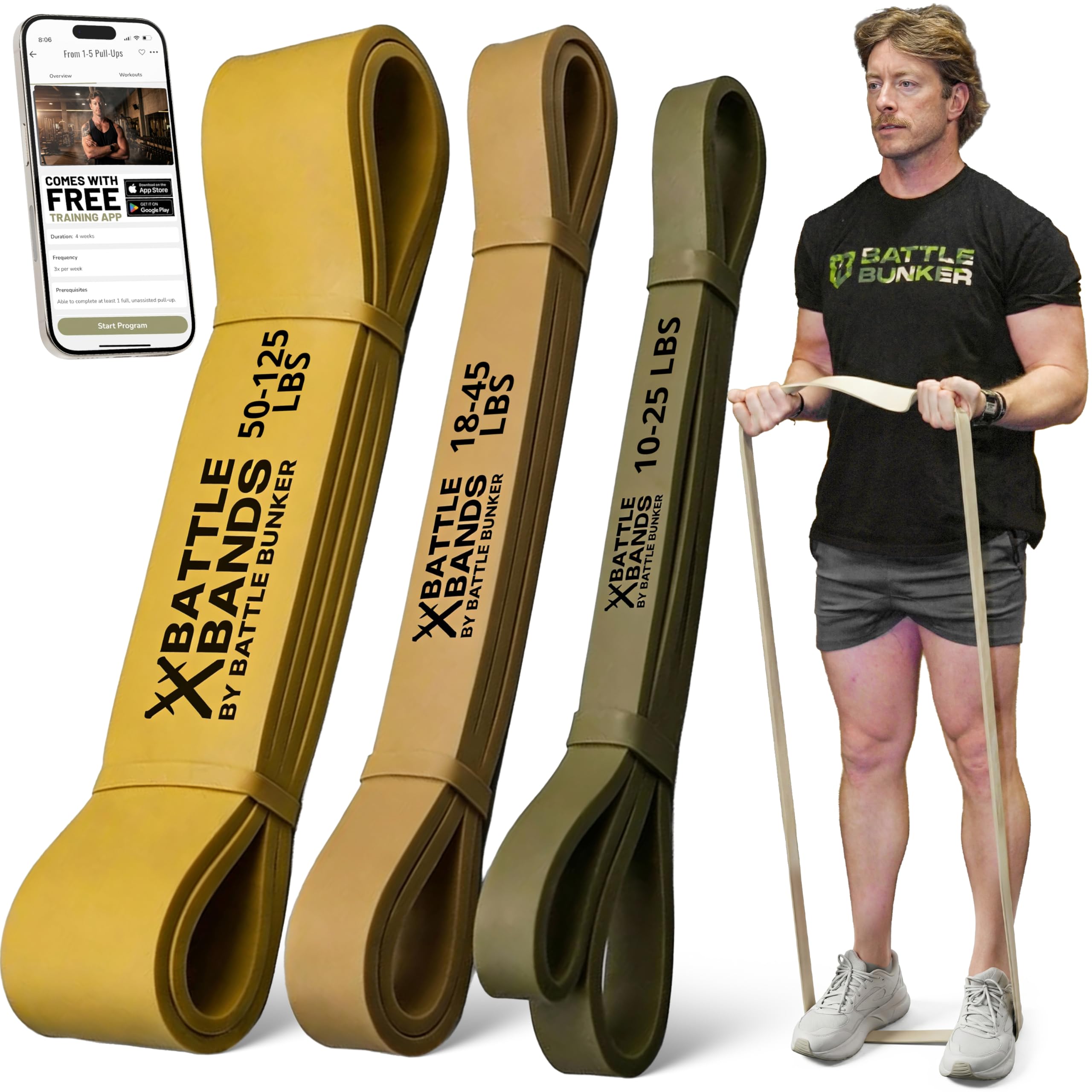 Battle Bunker Premium Resistance Bands - Natural Exercise Bands for Strength Training, Pull-Ups & Recovery - Fitness Band for Home, Gym & Mobility