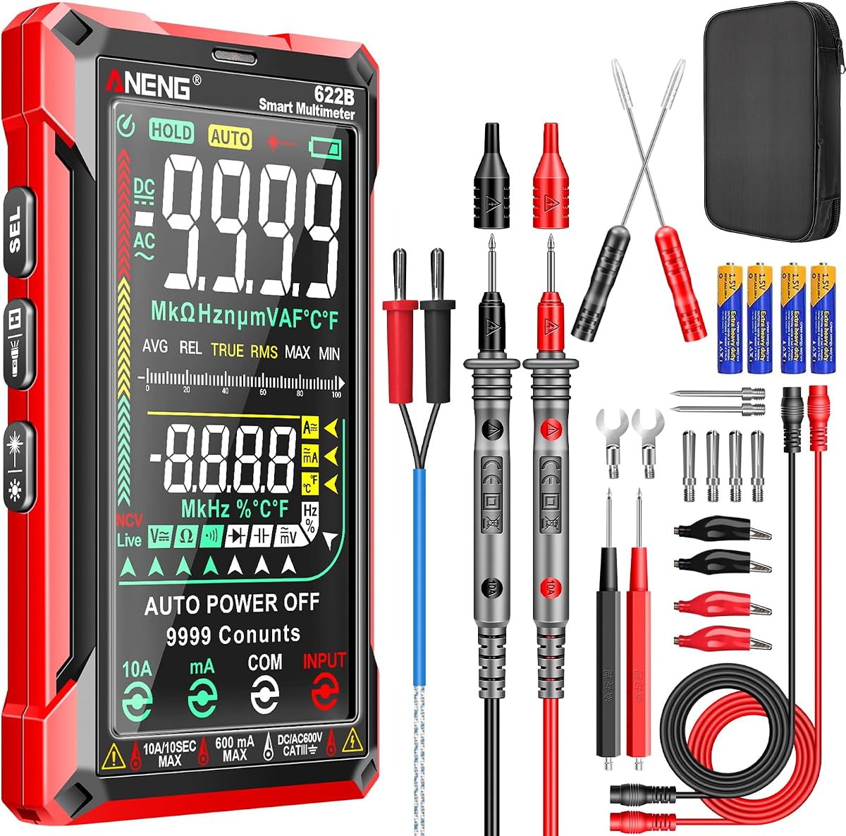 ANENG Digital Multimeter Tester,TRMS 9999 Counts Smart Auto-Range with NCV | Color LCD Measures AC/DC Current,Voltage,Resistance,Capacitance,Temperature, Diodes and Continuity with Ohm,Amp,Volt Meters