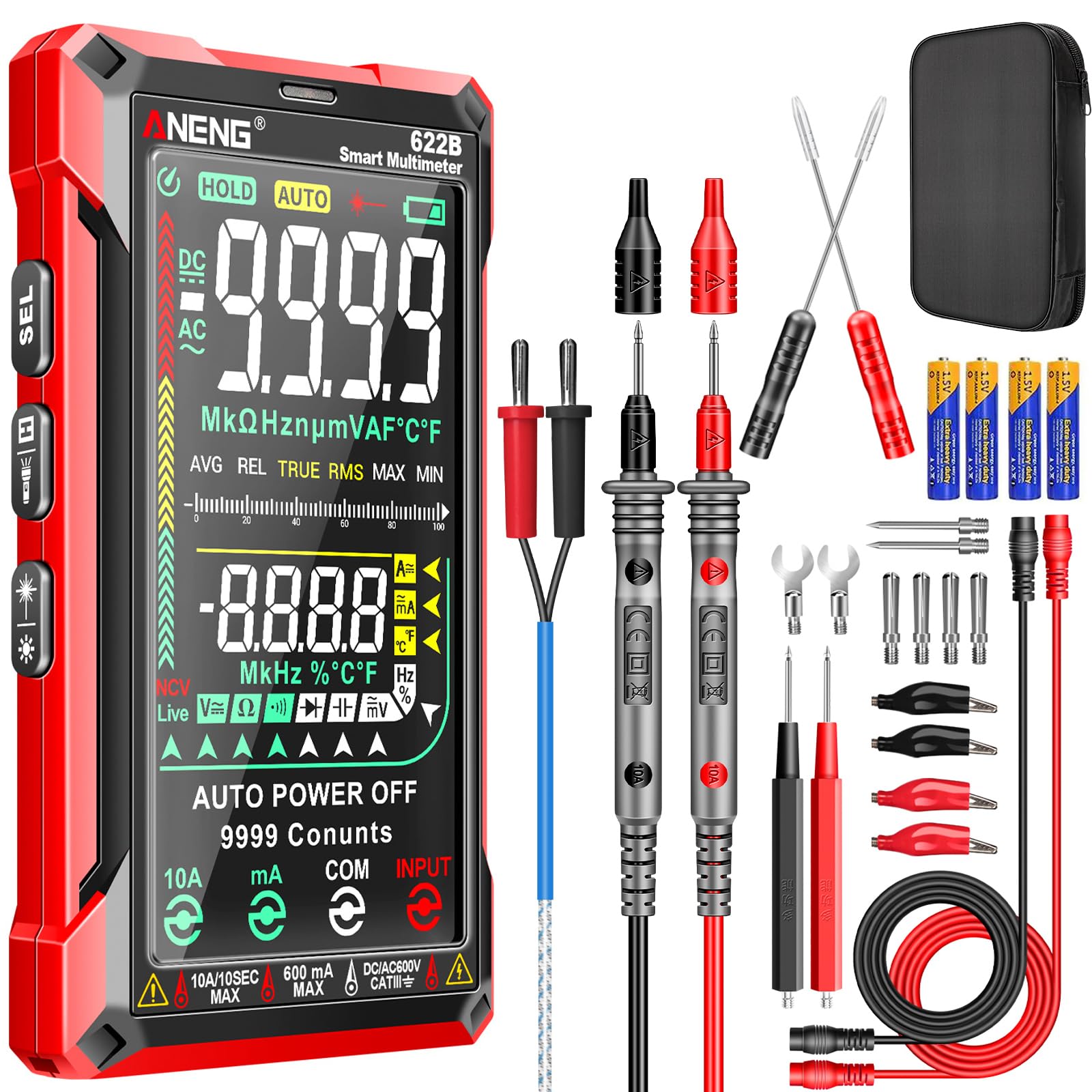 ANENG 622B Multimetr Cyfrowy Tester Woltomierza Smart Touch Ohm Ampere Auto Range TRMS 9999 Liczba Z NCV,Prąd Stały/Zmienny,Napięcie AC/DC,Rezystancja,Diody,Test Ciągłości,Pojemność,Temperatura