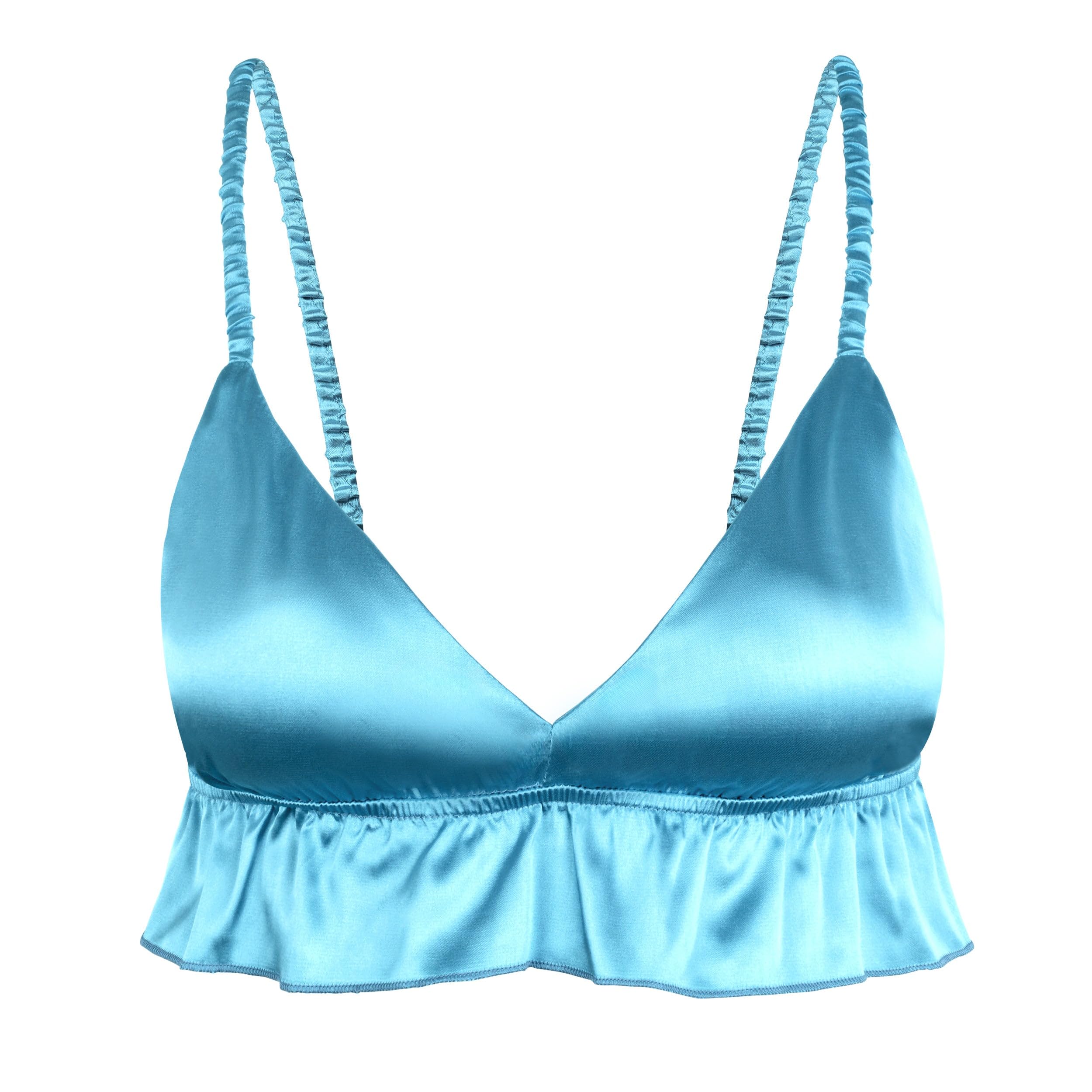 Satini Women's Aqua Blue Sissy Frilly Ruffled Fitted Silky Satin Lingerie Bralette (, M)
