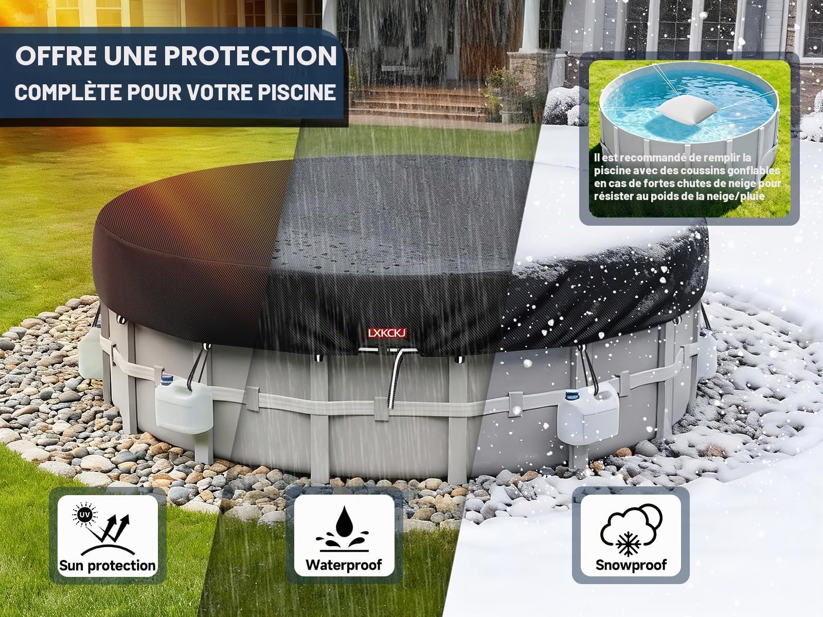 LXKCKJ Bâche 4 Saisons pour Piscine Hors Sol, Bâche Protection pour Piscine, Couverture de Extérieur Ronde Spa Baignoire idéale pour Garder Votre Piscine Propre (3,1 M, Noir)