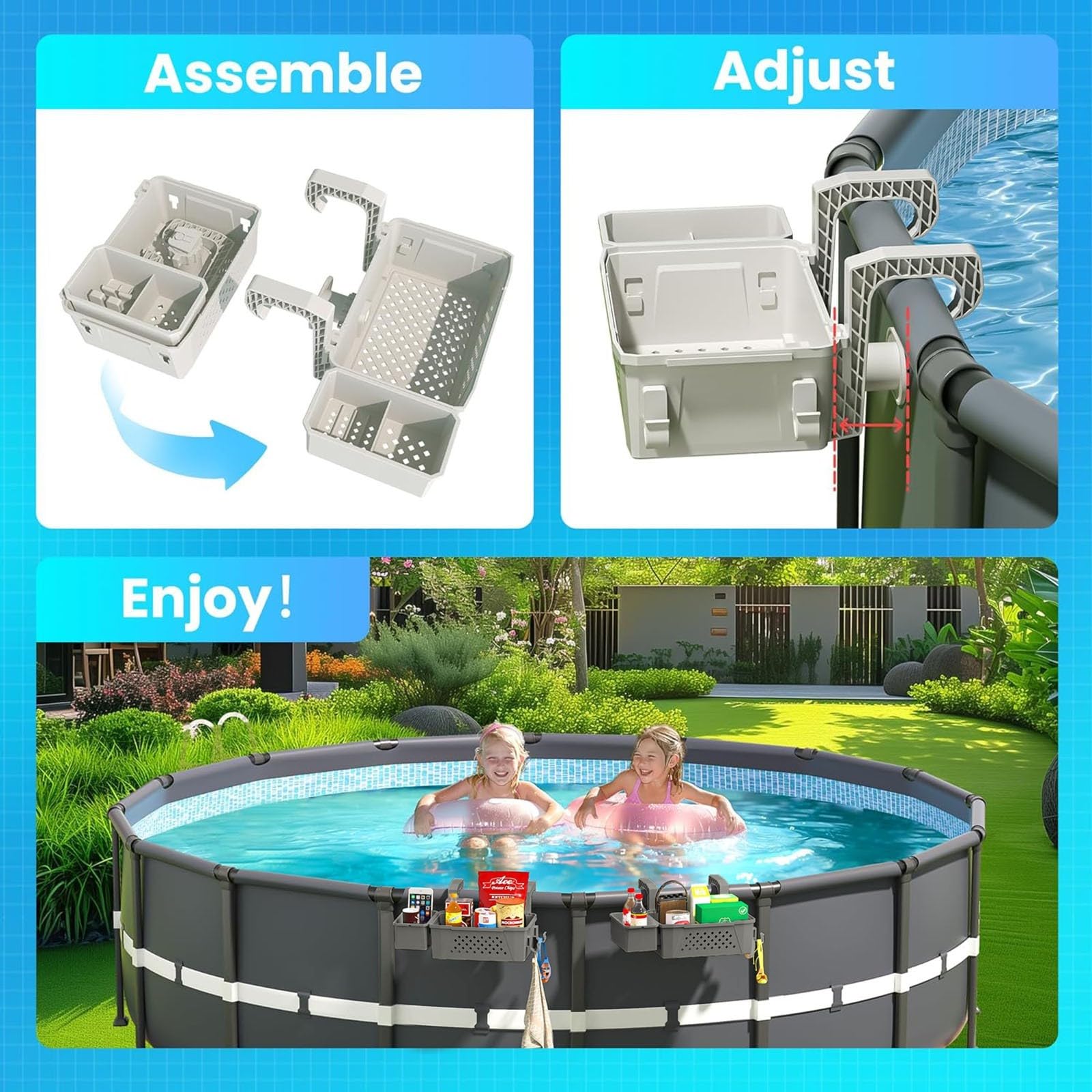 Pool Aufbewahrungskorb Set inklusive Kunststoff Pool Korb Pool Getränkehalter Hot Tub Zubehör Multifunktionales Pools Zubehör für Aufstellpool Schwimmbad Oberirdischen (Grau)