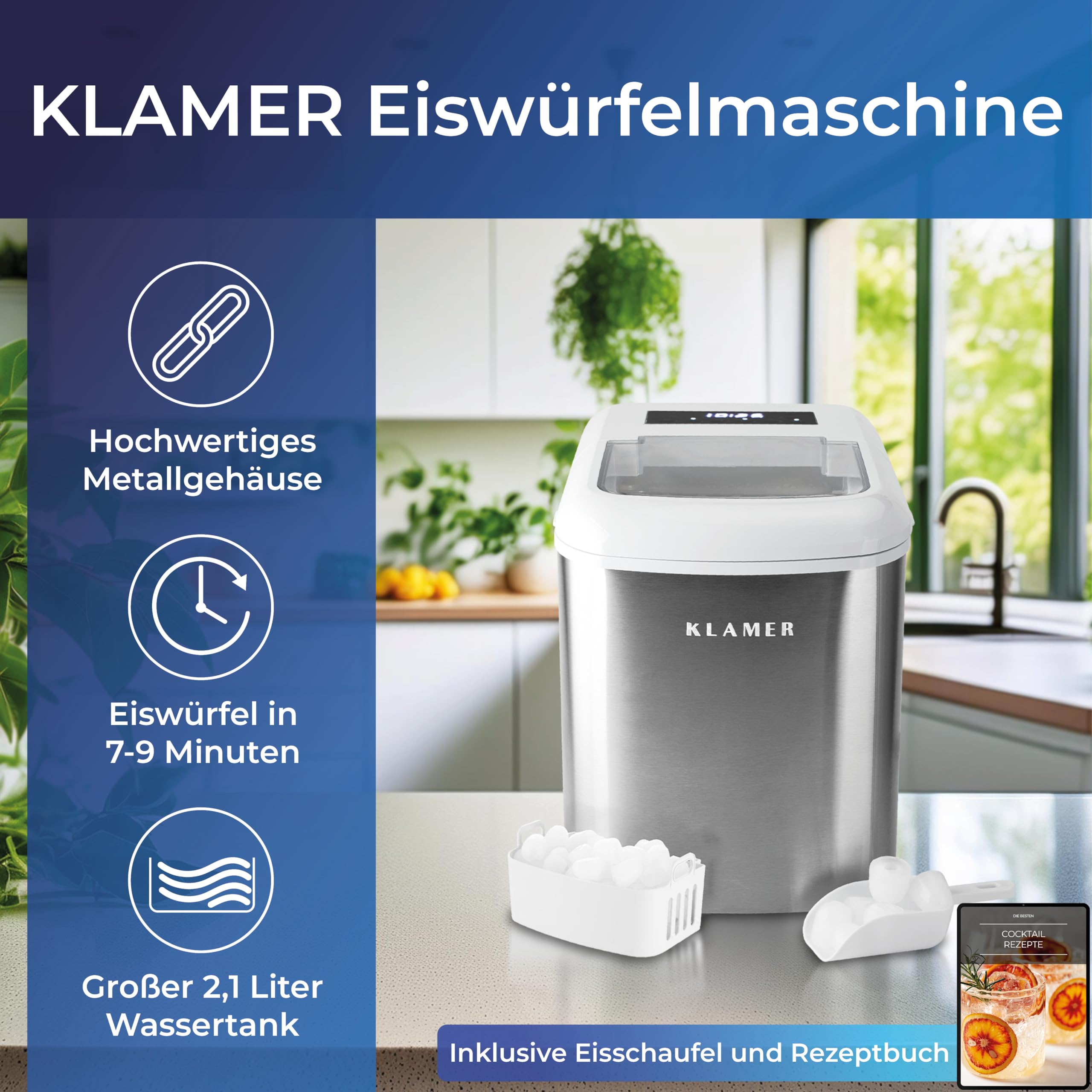 KLAMER Eiswürfelmaschine klein mit Eisschaufel & 2 Eiswürfelgrößen - 10 Eiswürfel in nur 7 Min, 15 kg Eiswürfel pro Tag - leiser Ice Maker mit Timer (Weiss)