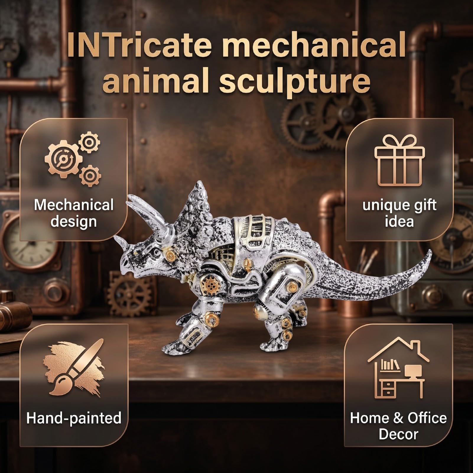 AUNMAS Steampunk Mechaniczny Robot Dinozaur Model z Żywicy Ręcznie Malowany Vintage Utleniony Ozdoba dla Fanów Vintage Maszyn i Kolekcji Steampunk (Mechaniczny Triceratops)