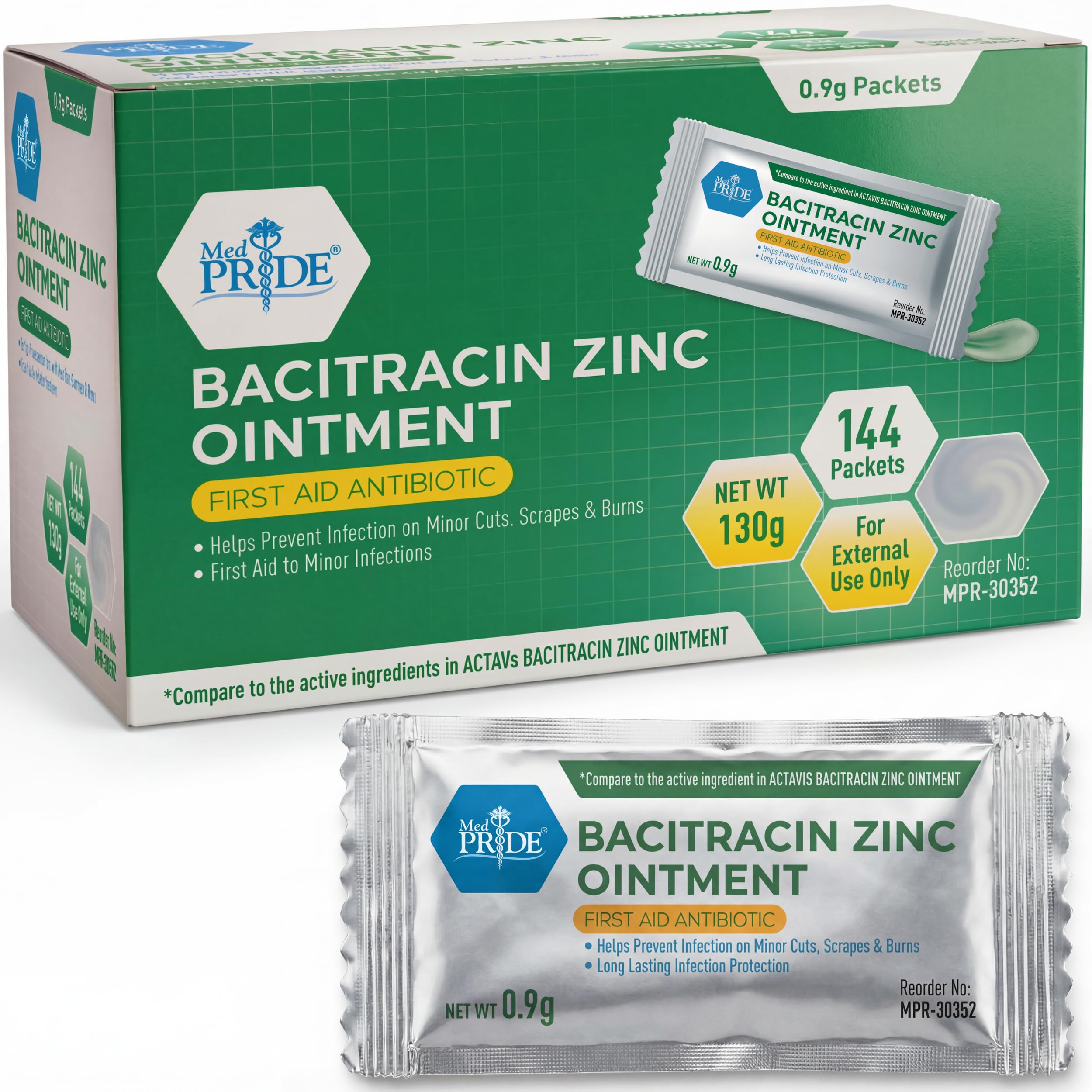 MED PRIDE Bacitracin Zinc Ointment, Antibiotic Cream for Wounds, Burns, Cuts, 144 Travel-Size Packets X 0.9g, First Aid