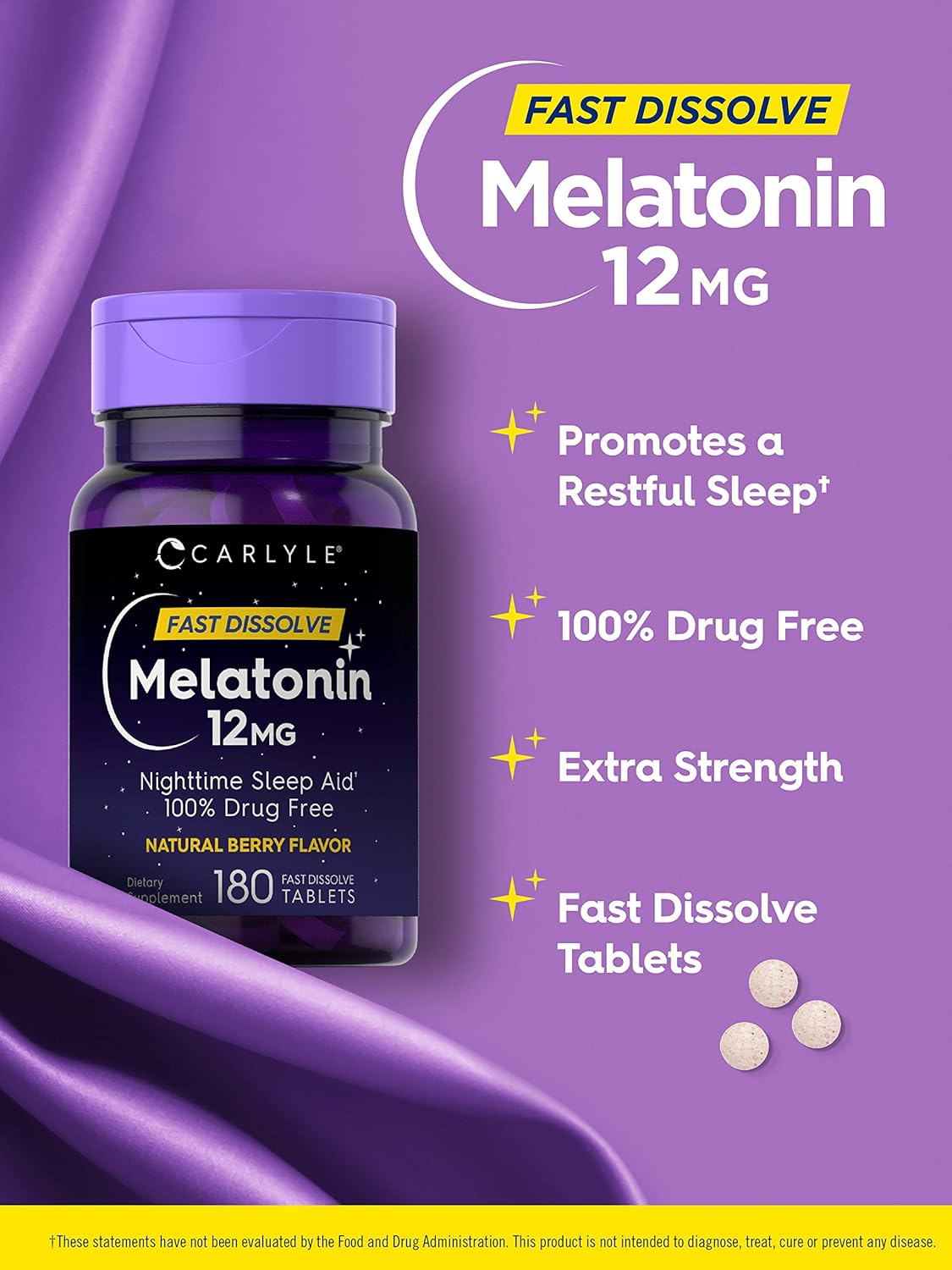 Carlyle Melatonin 12 mg Fast Dissolve 180 Tablets | Nighttime Sleep Aid | Natural Berry Flavor | Vegetarian, Non-GMO, Gluten Free : Health & Household