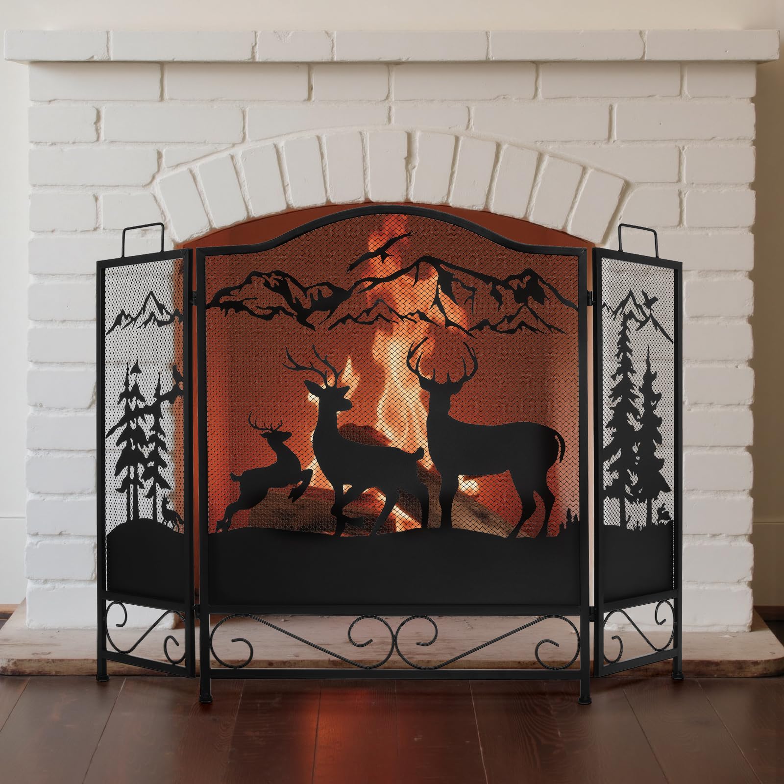 IRONWALLS Deer Fireplace Screens Stand Alone 3 Panel, Black, 48" x 32"