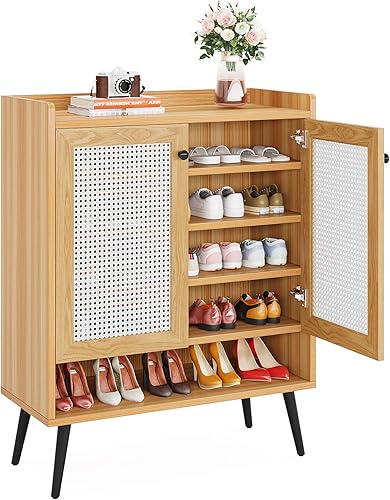 Miniatura 6 de Tribesigns Gabinete de zapatos de ratán, armario de almacenamiento de zapatos amarillos con puerta, armario organizador de zapatos independiente con