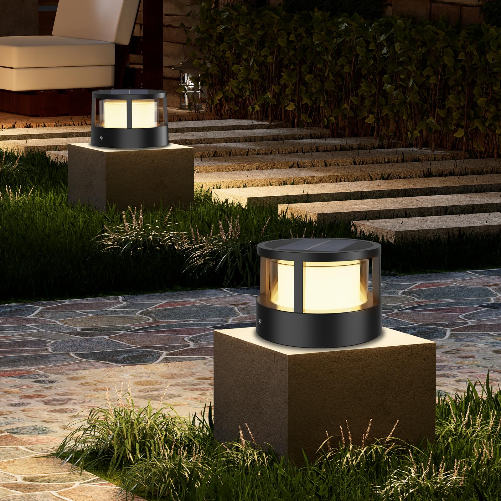 FREEUP Lampione Solare LED Esterno, Luce Solare da Esterno,15W Lampade Solari da Giardino con Sensore Crepuscolare, Ip65 Impermeabile Lampioni da Giardino, Alluminio, Bianco Caldo, Nero | 15W LED Luce Solari Esterno Per Pali, Cancello, Vialetto, Terrazzo,