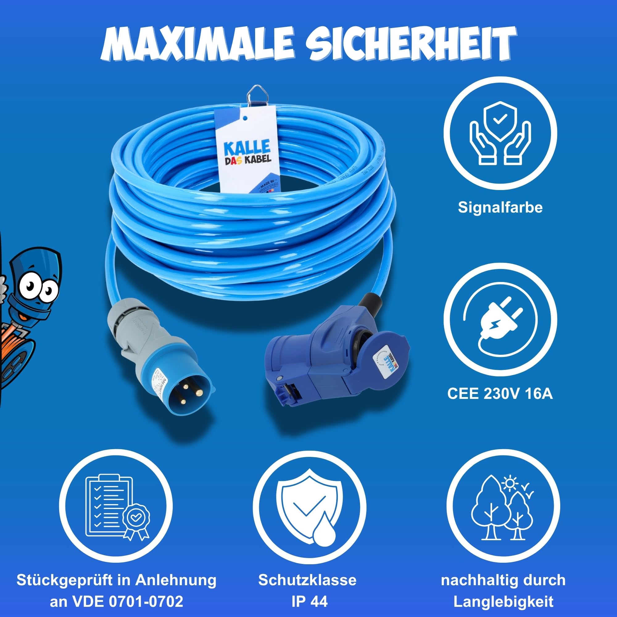 KALLE DAS KABEL CEE Verlängerungskabel 230V 16A – H07BQ-F 3G 2,5 mm², CEE Stecker auf CEE Winkelkupplung mit Schukosteckdose & LED Spannungsanzeige, IP44, Signal Blau, Camping Caravan 20 Meter