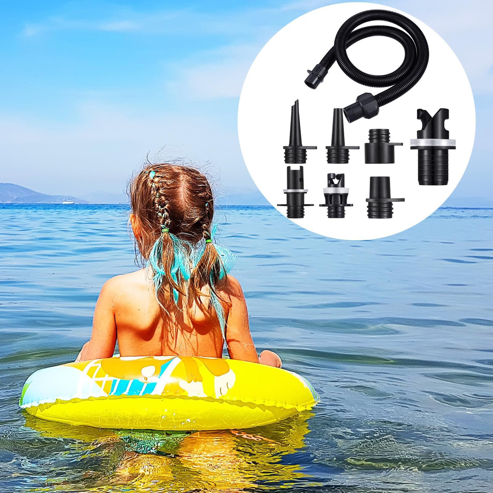 OutdoorMaster Kit 8 Pezzi Adattatore Pompa Sup Gonfiabile - Tubo Aria e Accessori Elettrica per Gommone, Barca, Paddle Board