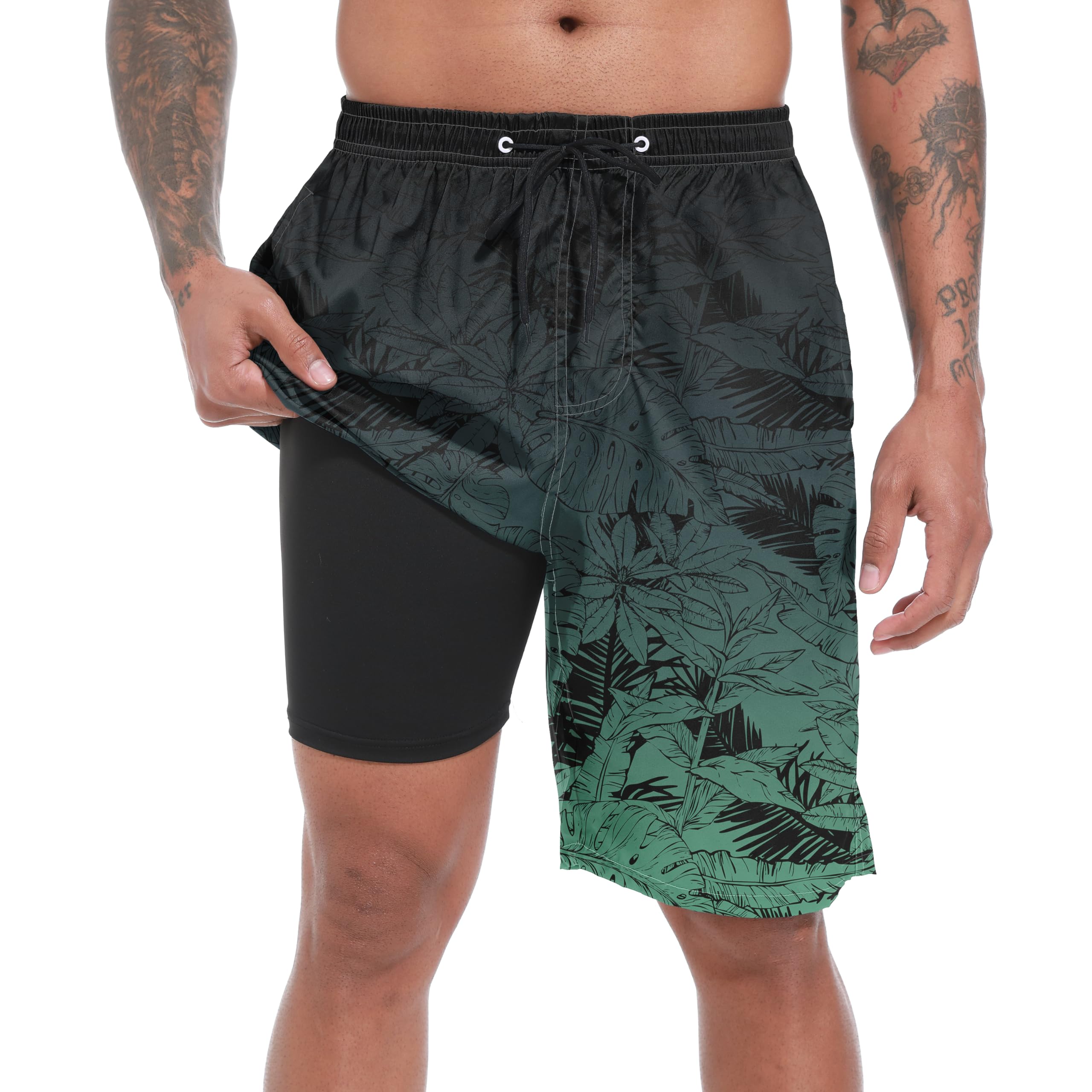 FT FENTENG Mens Swim Trunks with Compression Liner 9" Big and Tall Board Shorts 2 in 1 Quick Dry Long Swimwear Bathing Suits