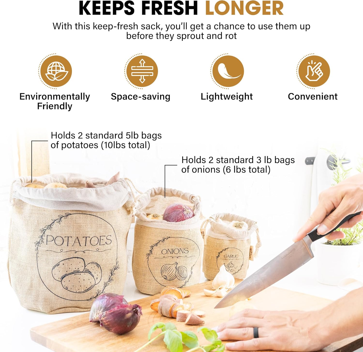 Potato Storage Bag | Natural Jute Potato Onion Garlic Storage Set for Pantry | Breathable & Fresh Onion Potato Storage | Easy to Clean Potato and Onion Storage Bag | Air Flow, Light Blocking