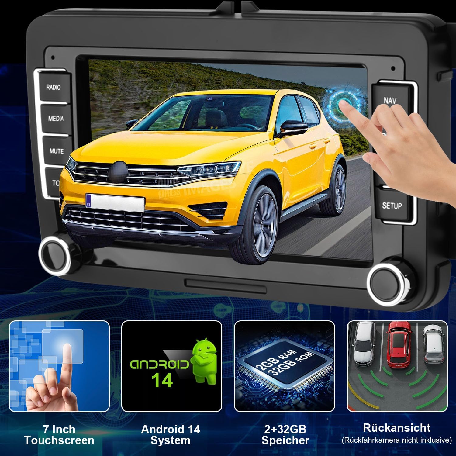 Image showing a hand interacting with the 7-inch touchscreen display, highlighting Android 14, storage, and rear view camera features.