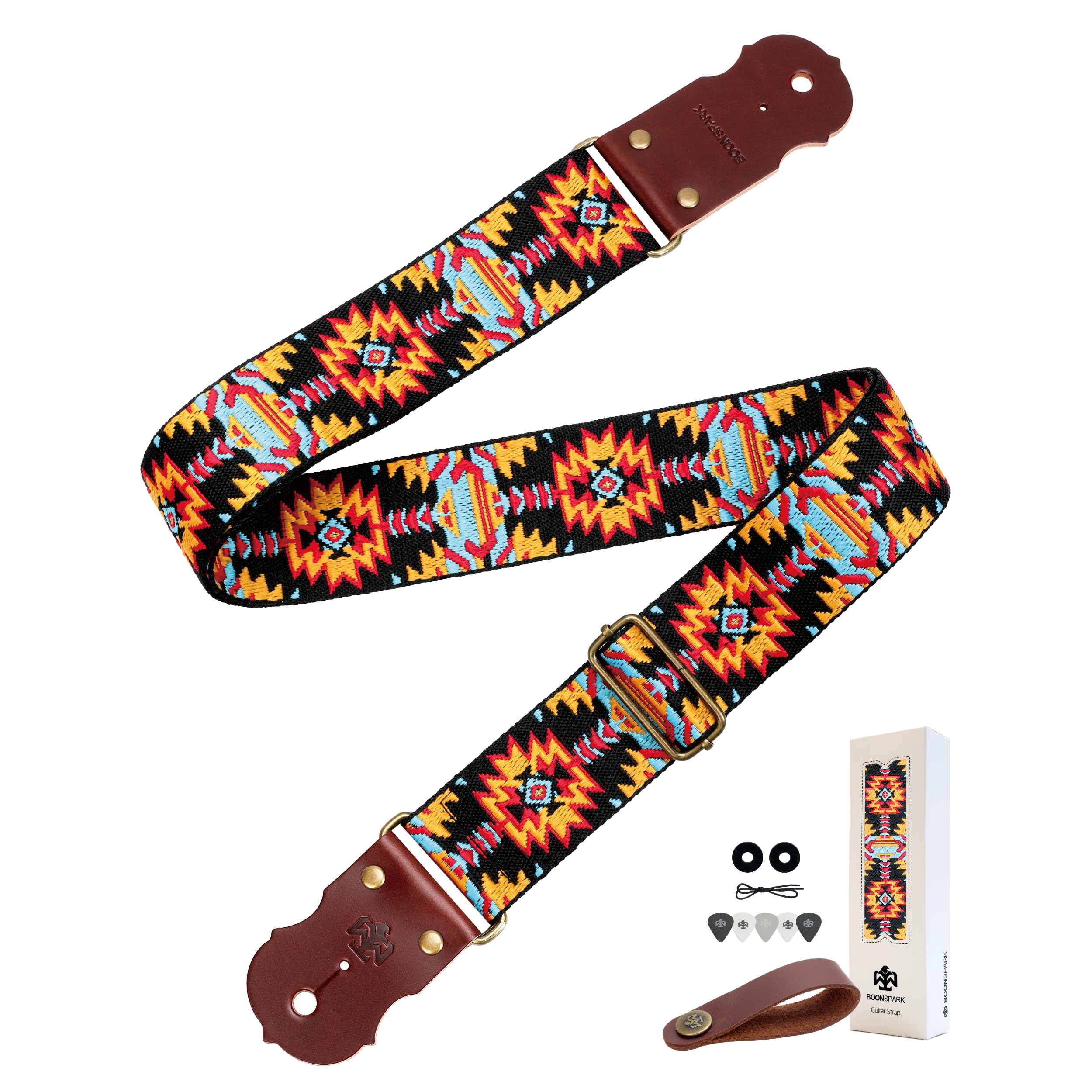 Guitar Strap, Jacquard Embroidery Guitar Straps with Top Real Cowhide Ends Guitar Straps for Electric,Bass and Acoustic Guitars(Multicolor King)