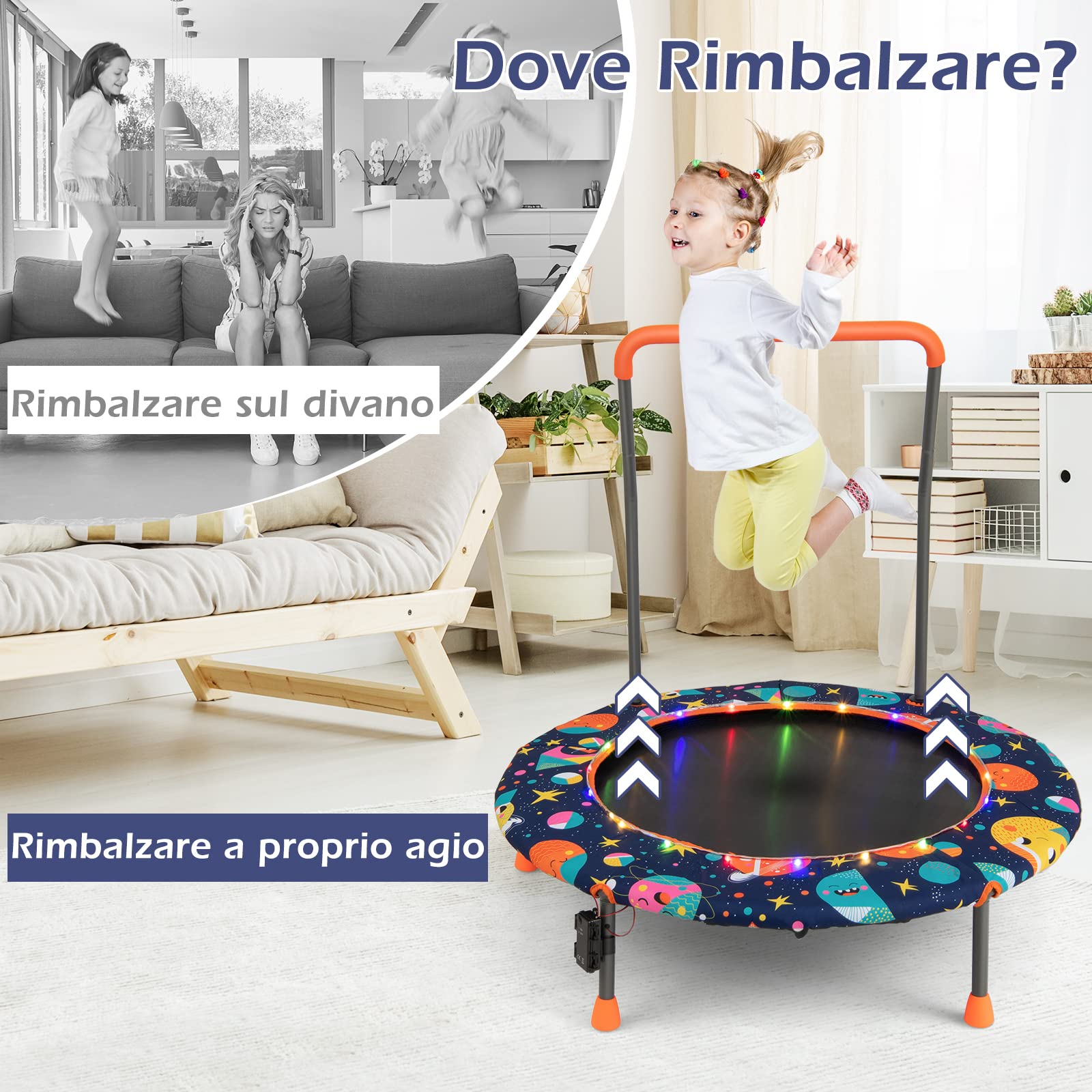 COSTWAY Trampolino per Bambini da Interno ed Esterno, Tappeto Elasctico Bambini 3-6 Anni in Acciaio con Maniglia Rimovibile, Luci LED, Cuscinetti Antiscivolo e Copertura Protettiva