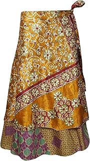 Womens Reversible Sari Skirt Wrap Around Boho Printed Skirts One Size Yellow