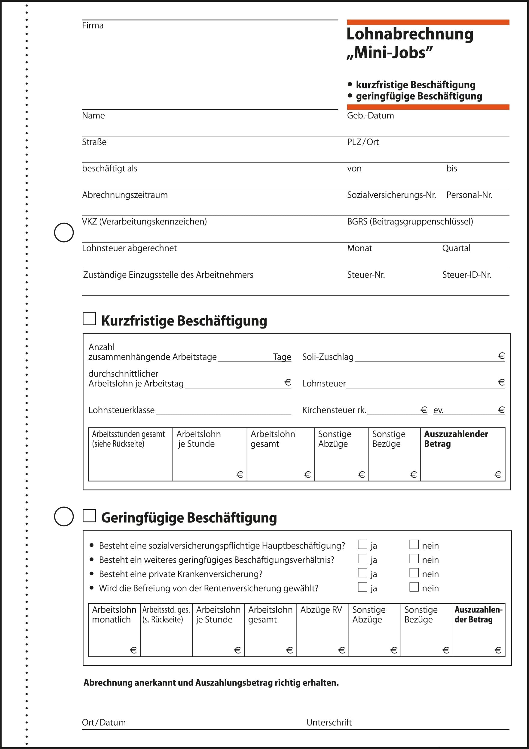 SIGEL LO519/10 Lohnabrechnungen für Mini-Jobs, für geringfügige / kurzfristige Beschäftigung, A5, 10er-Pack, 50 Blatt, mit Blaupapier
