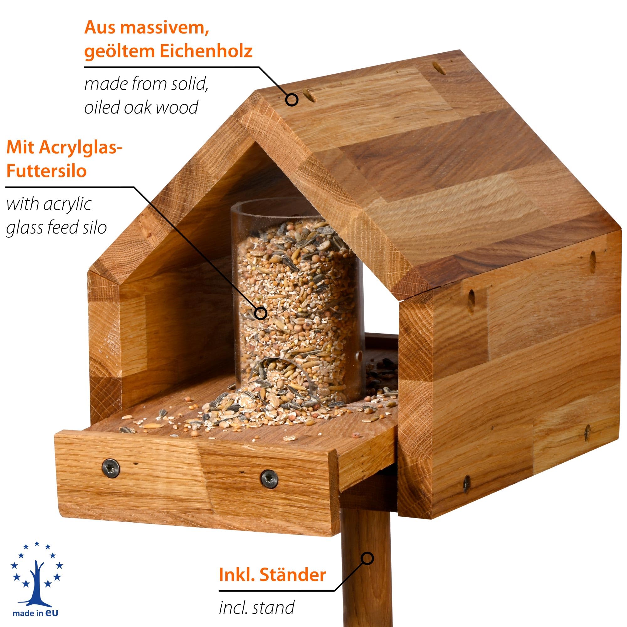 LUXUS-VOGELHAUS 46601e Vogelfutterhaus "Bauhaus III" - Futterhaus aus Massivholz - Futterstation inklusive Ständer - Wildvogelfutterplatz Eiche - 20,5 x 28 x 179 cm - Natur