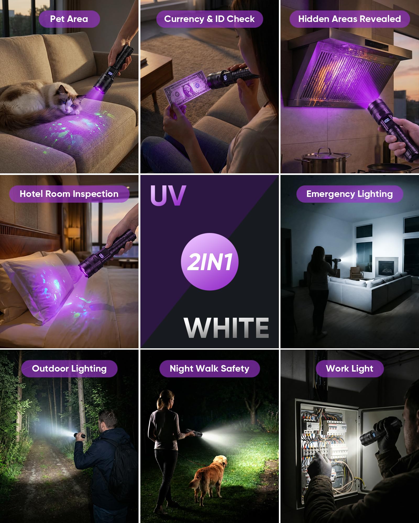 MOWETOO Blacklight latarka 365 NM UV i białe światło 2N1, ładowana przez USB C, z wyświetlaczem LCD, możliwość powiększenia, czarne światło do wykrywania moczu zwierząt domowych, utwardzania żywicy