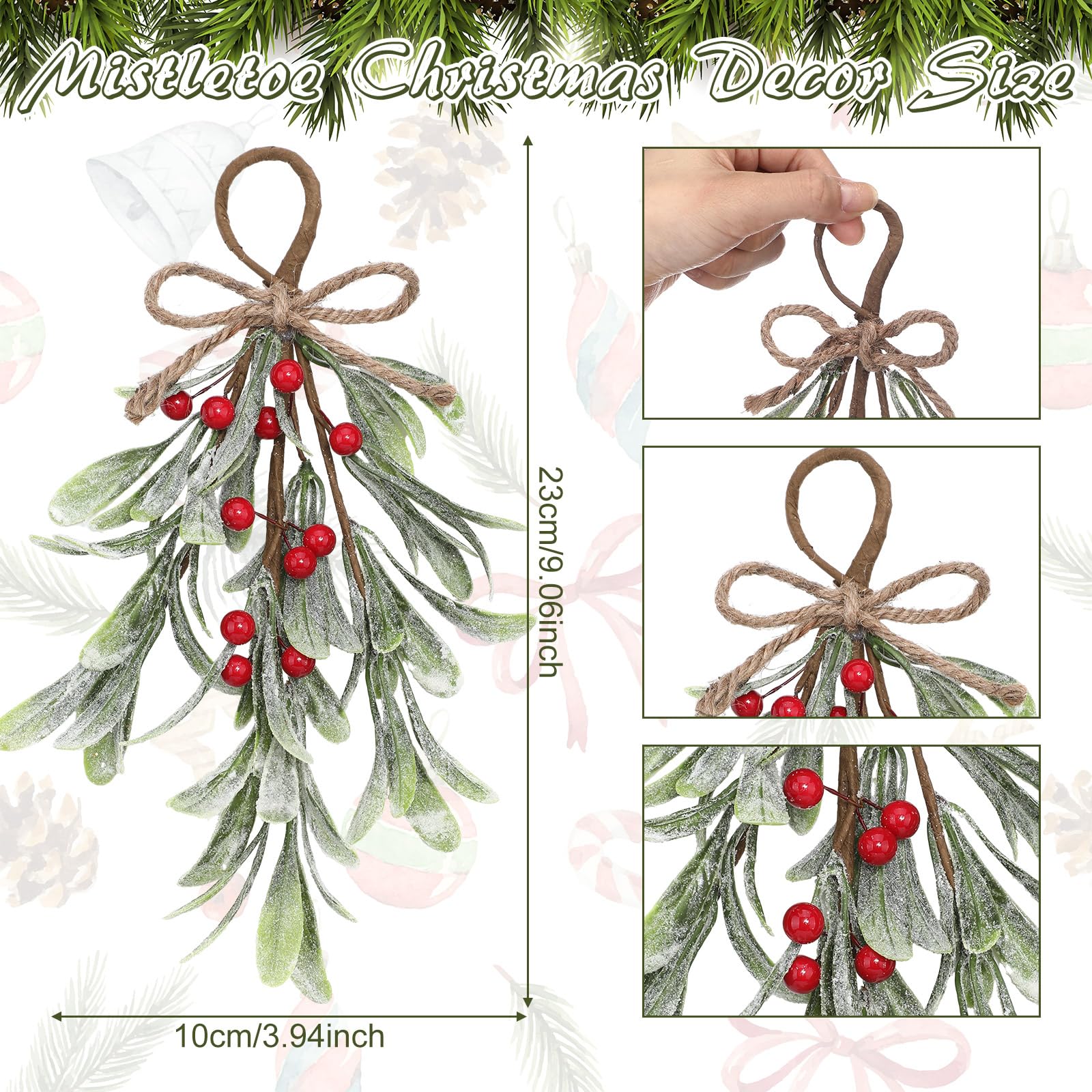 Dilunave Künstlicher Mistelzweig Pick, Büffel, karierte Schleife, weiße Beeren, Mistelzweig, küssende Kugel, Ornament, hängende Weihnachtsbaumschmuck für Weihnachtsfeiern, Dekorationen, Rot, Weiß, 2
