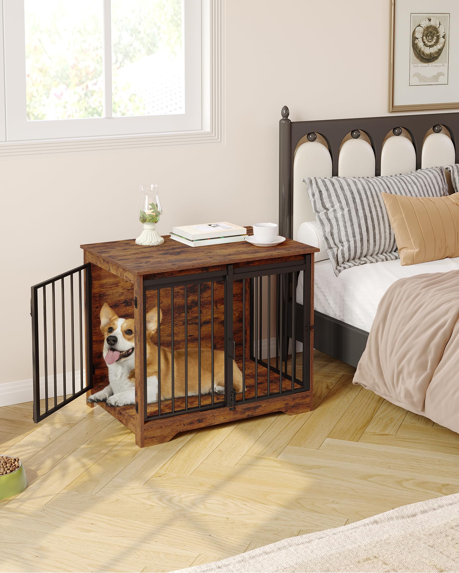 Hzuaneri Hundekäfig Möbel, 81cm hundebox für zuhause, Schiebetüren, 2 Türen, Moderne hundebox Holz Indoor für kleine/mittlere Hunde, Hundekäfig für Zuhause, 81 x 55 x 67,5cm, Vintagebraun DFC83601B