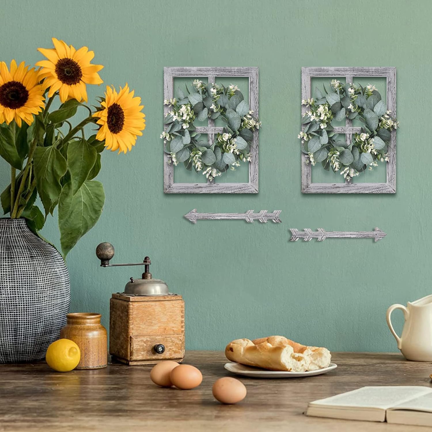 Rustic Wood Window Frame with Green Wreath and Arrows Wall Decor，Farmhouse Window Frame Hanging Decor, Wooden Fake Decoration,Window Pane Wall Decor,Set of 2 (White)