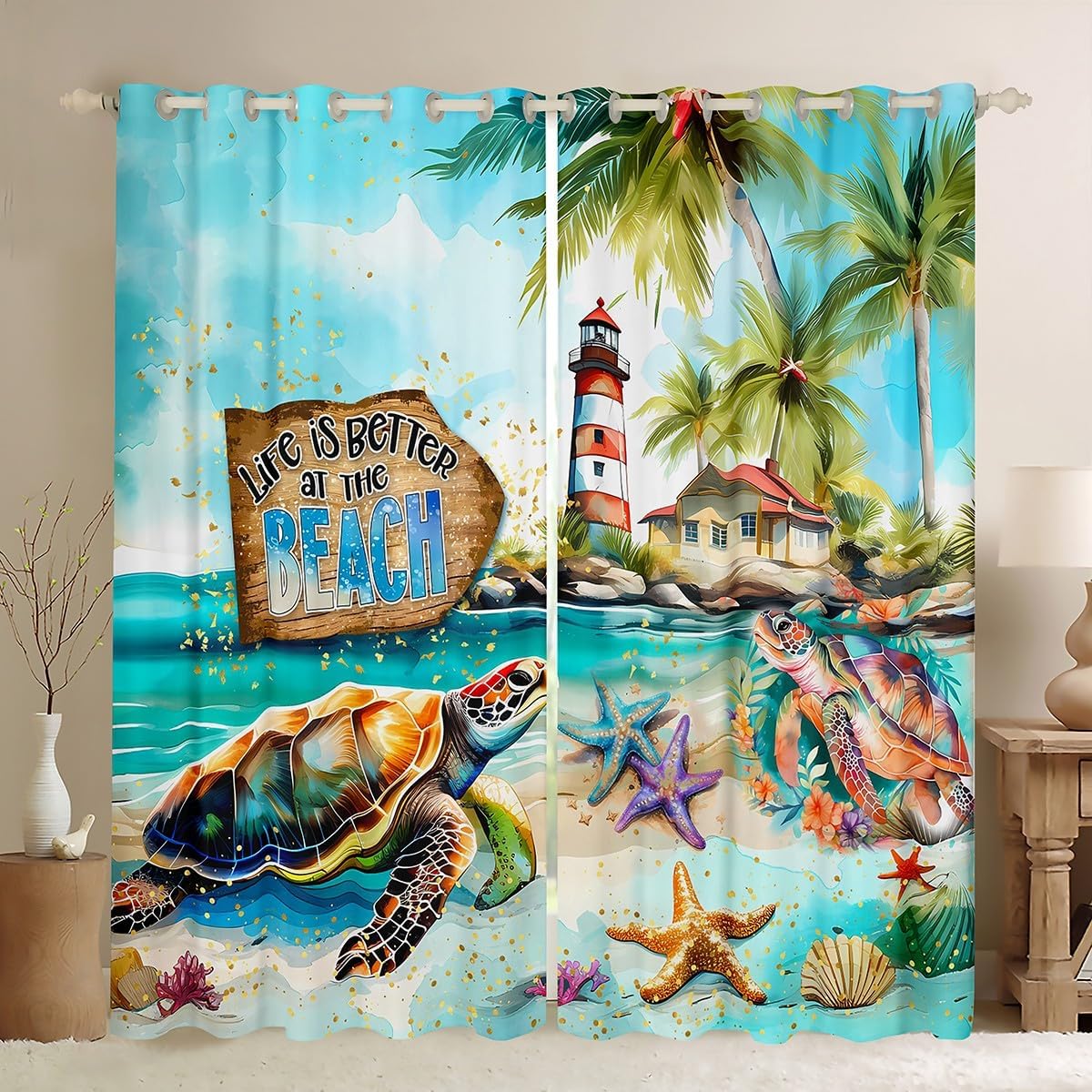 Manfei Pink Surfboard Blackout Curtain Tropical Flower Palm Leaves Window Drapes, Summer Ocean Theme Window Treatments, Kids Girls Room Decor, Grommet Top 2 Panel Set Bedroom Curtains, 38Wx45L inch