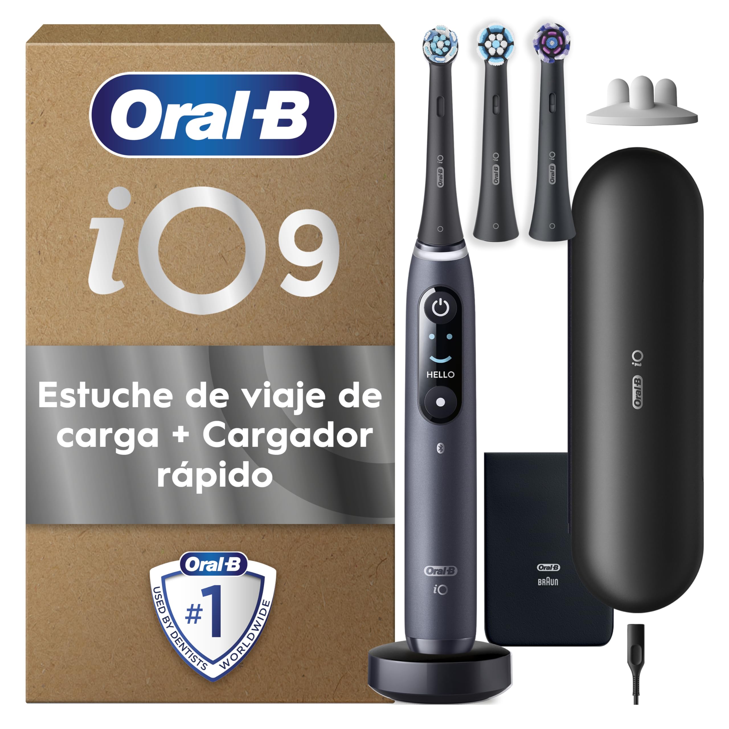 Oral-B iO 9 Cepillo de Dientes Eléctrico con 3 Cabezales, Negro - Cepillo Dental con 7 Modos de Cepillado Y Sensor de Presión, Carga Rápida, Estuche Cargador de Viaje, Seguimiento con App