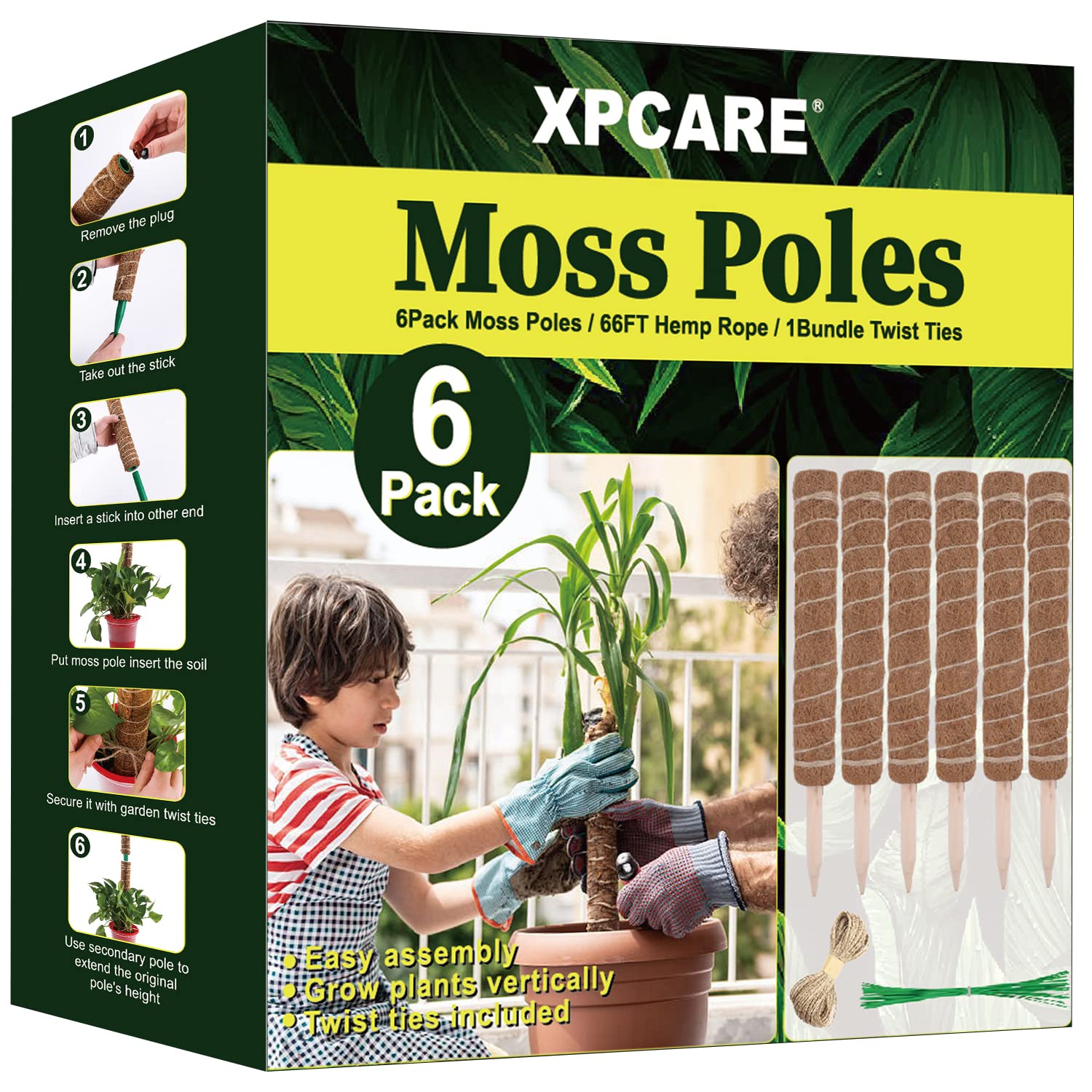 XPCARE 6 Pcs 16.5 Inches Moss Poles - 76 Inches Coir Totem Plant Support, Moss Stick for Monstera Plants with Garden Twine
