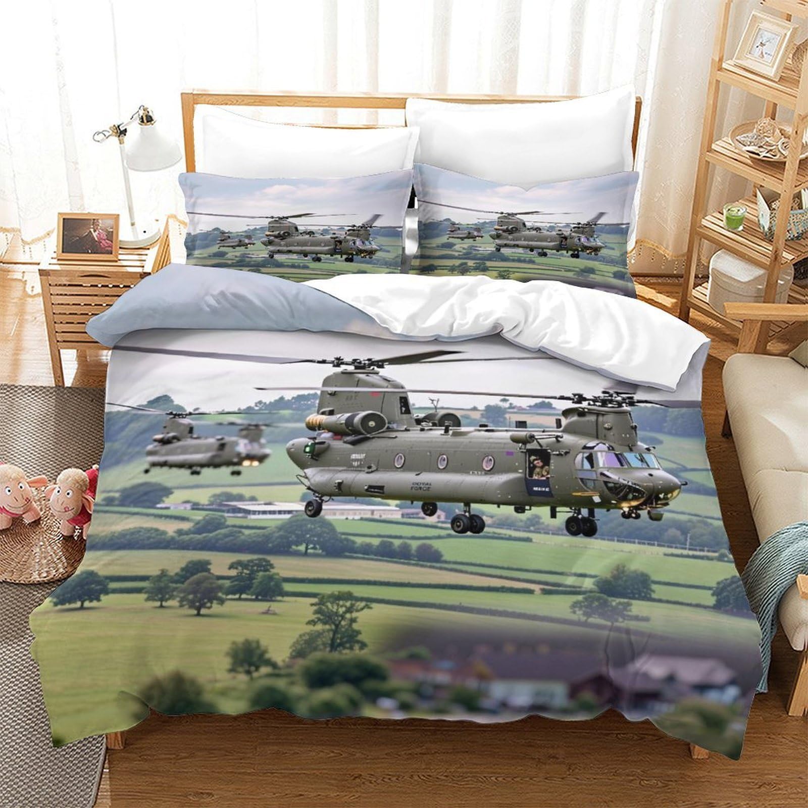LILIlaobiao Chinook Duvet Cover Double（200x200cm）, Soft Microfiber Bedding Set Military Helicopter Quilt Cover with Hidden Zipper Closure, 3D Military Helicopter Printed Comforter