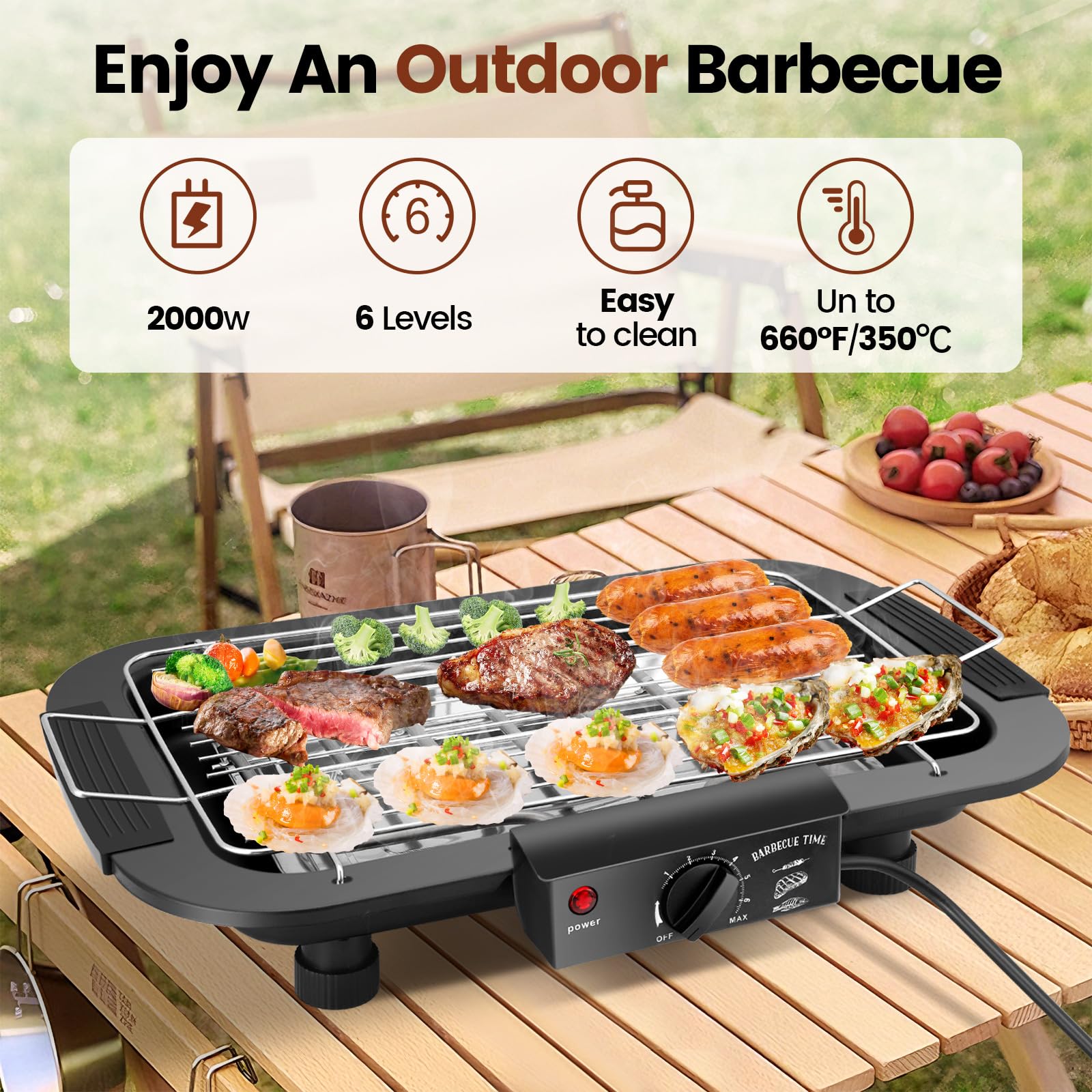Electric BBQ Grill, 2000W Smokeless Non-Stick Electric Barbecue Grill Indoor/Outdoor with 6 Adjustable Temperature - Image 4