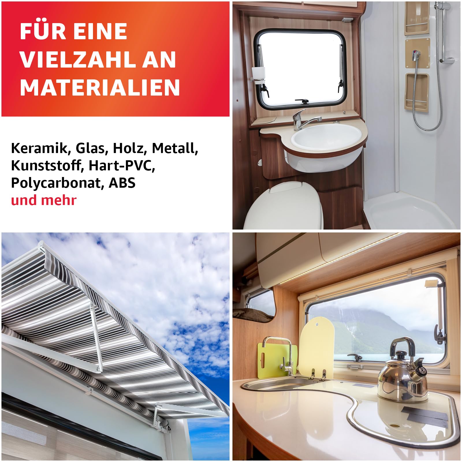 EVERGLUE Caravan Glue 1K MS Montagekleber UV-beständig 440g Kartusche MS-Polymer Kraftkleber extra stark elastischer Kleb-und Dichtstoff zum Kleben und Abdichten am Camper, Caravan, Wohnmobil