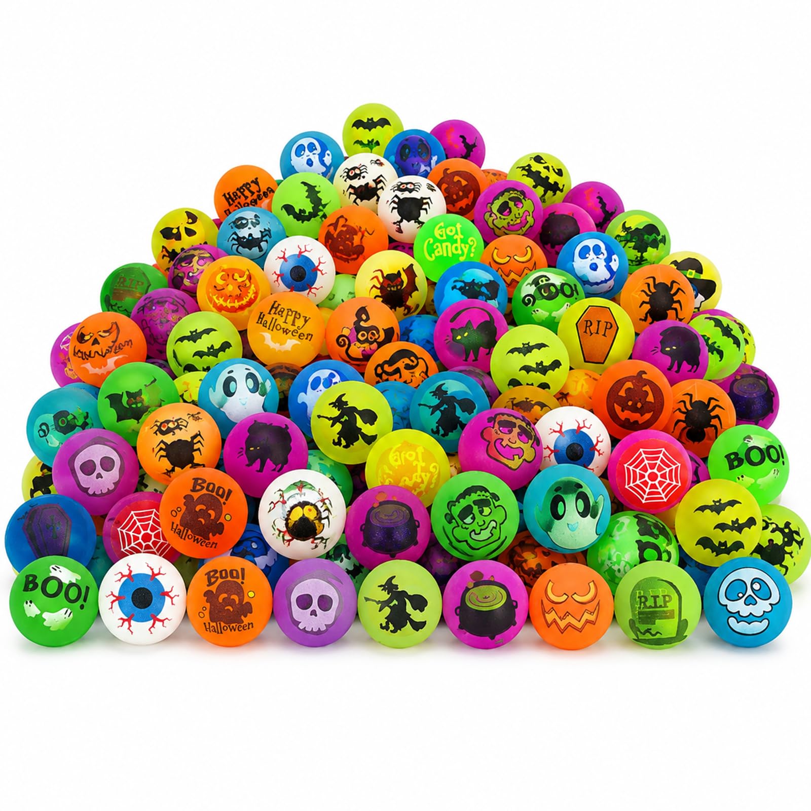 FODYNE 100 Pack Halloween Glow in the Dark Bouncy Balls, 20 Designs Mini Rubber Balls for Kids, Halloween Party Bag Fillers, Trick or Treat Toys, Party Favours and Prizes