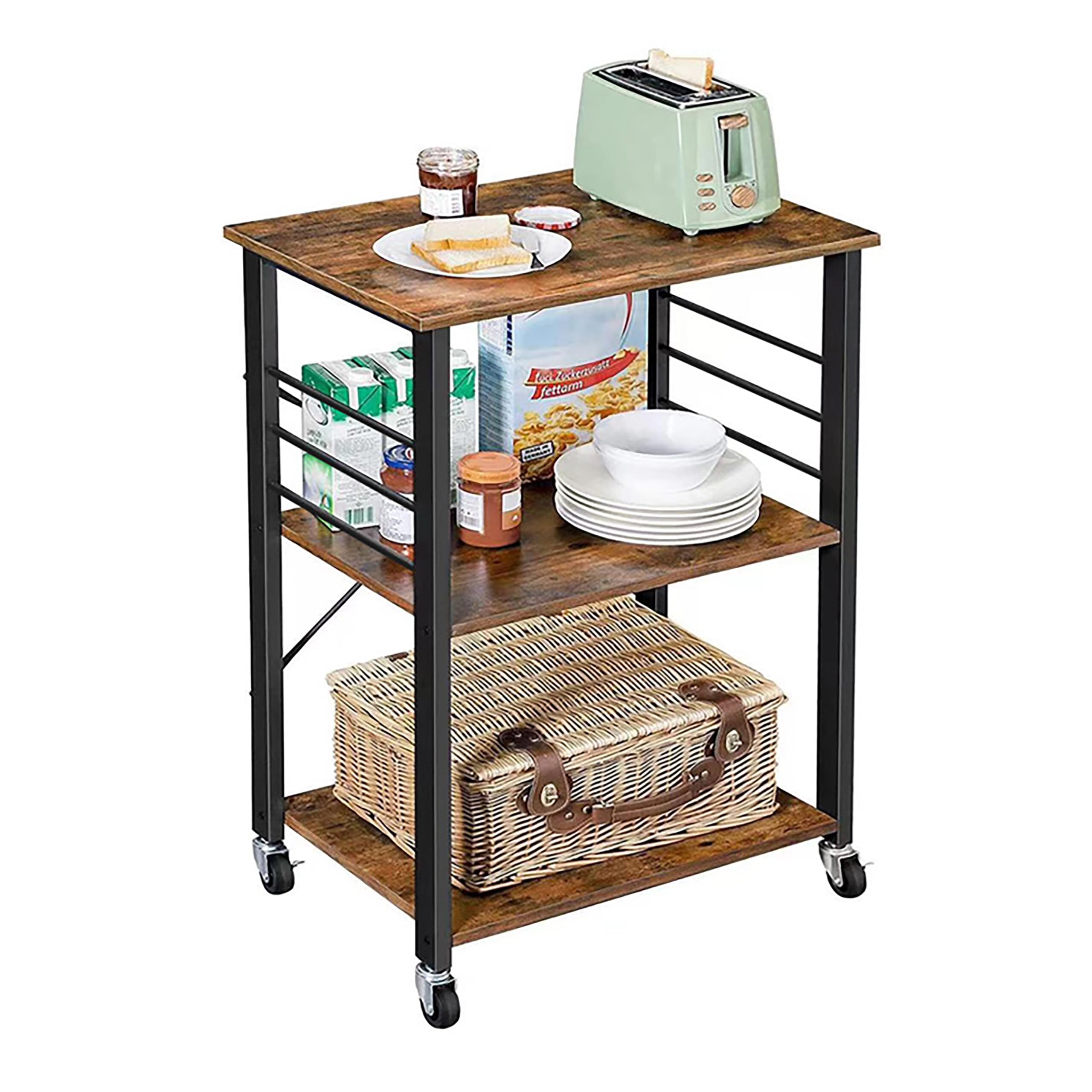 Relaxdays Carro de Cocina en Metal, 3 Niveles, 6 Ganchos, Ruedas, hogar y Oficina, 89x60x40 cm, marrón-Negro