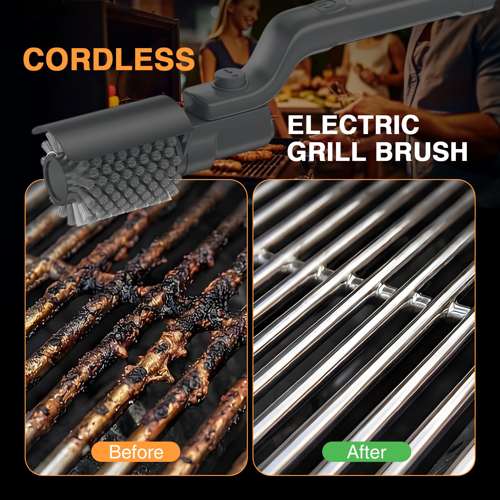 Spazzola elettrica per barbecue, pulitore senza fili per BBQ con testa orientabile a 180°, pulizia a 3 livelli, spazzola per griglia 2-IN-1 con batteria, IPX7 impermeabile, testina in acciaio