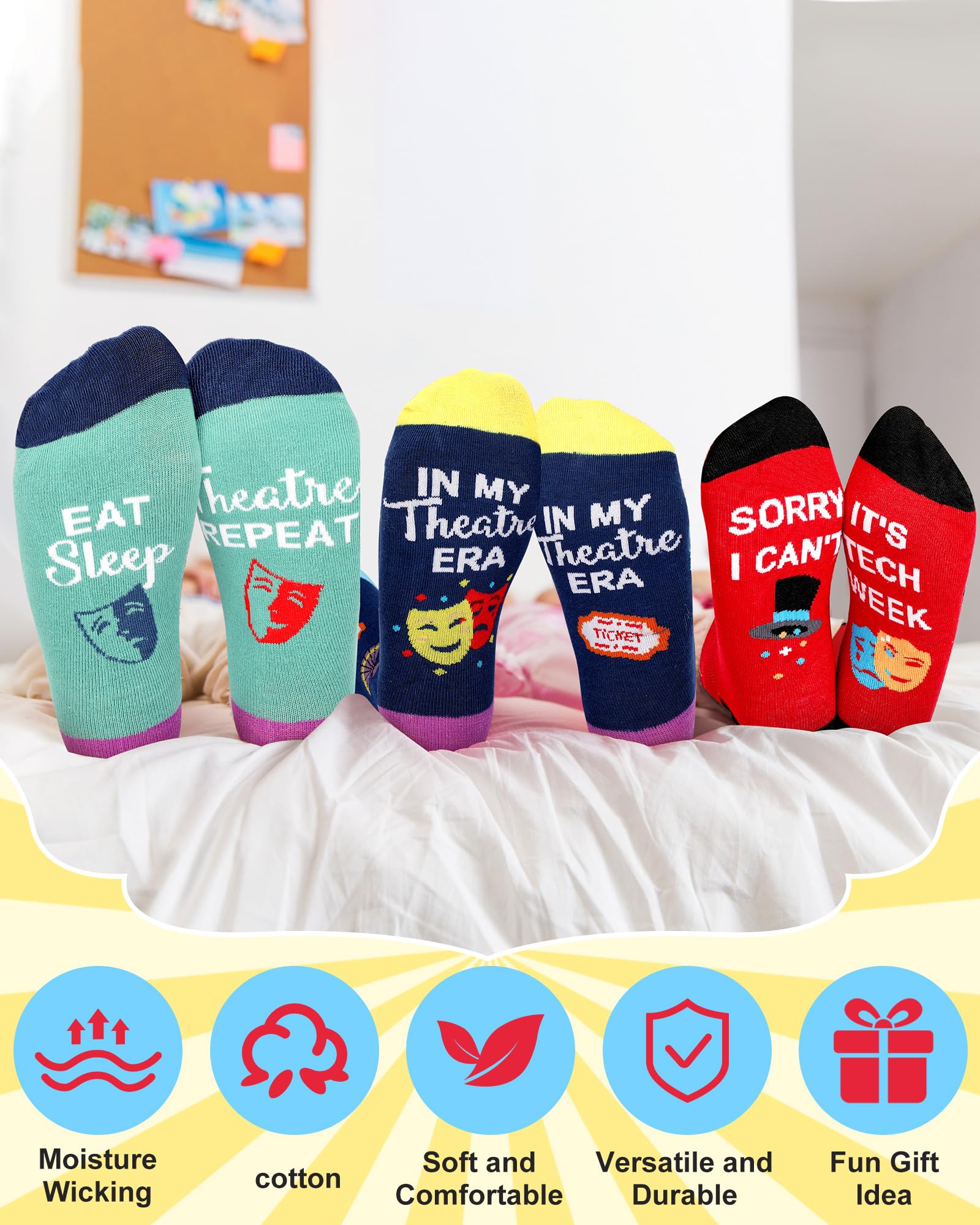 Glitopper 6 Pairs Funny Theatre Socks for Women Musical Theater Gift Crew Cotton Socks Novelty Graduation Gifts for Theatre Lovers