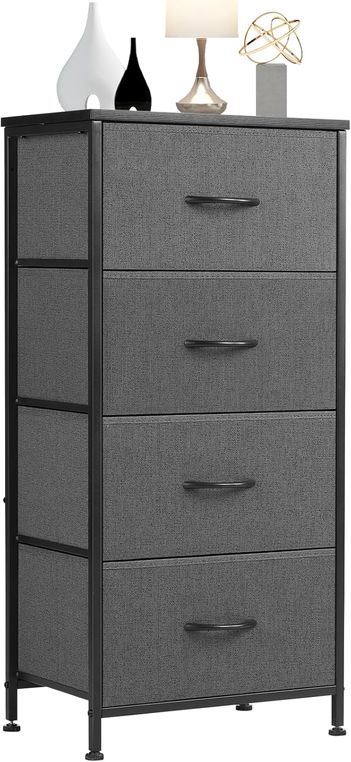 Dresser for Bedroom, Storage Drawers, Skinny Fabric Storage Tower with 4 Drawers, Tower Organizer Unit, Chest of Drawers with Wooden Top for Closet, Nursery, Laundry, Living Room, Hallway, Office