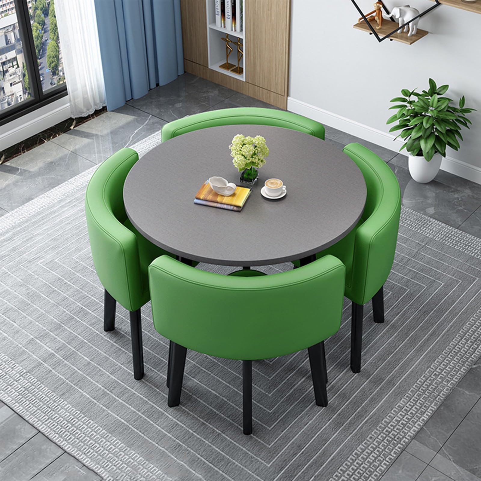 WOTZOV Modern Round Dining Table Set For 4 Upholstered Chairs Space-Saving Kitchen & Living Room Table Casual Reception Room Furniture Ensemble,Vert 70cm/27.5in