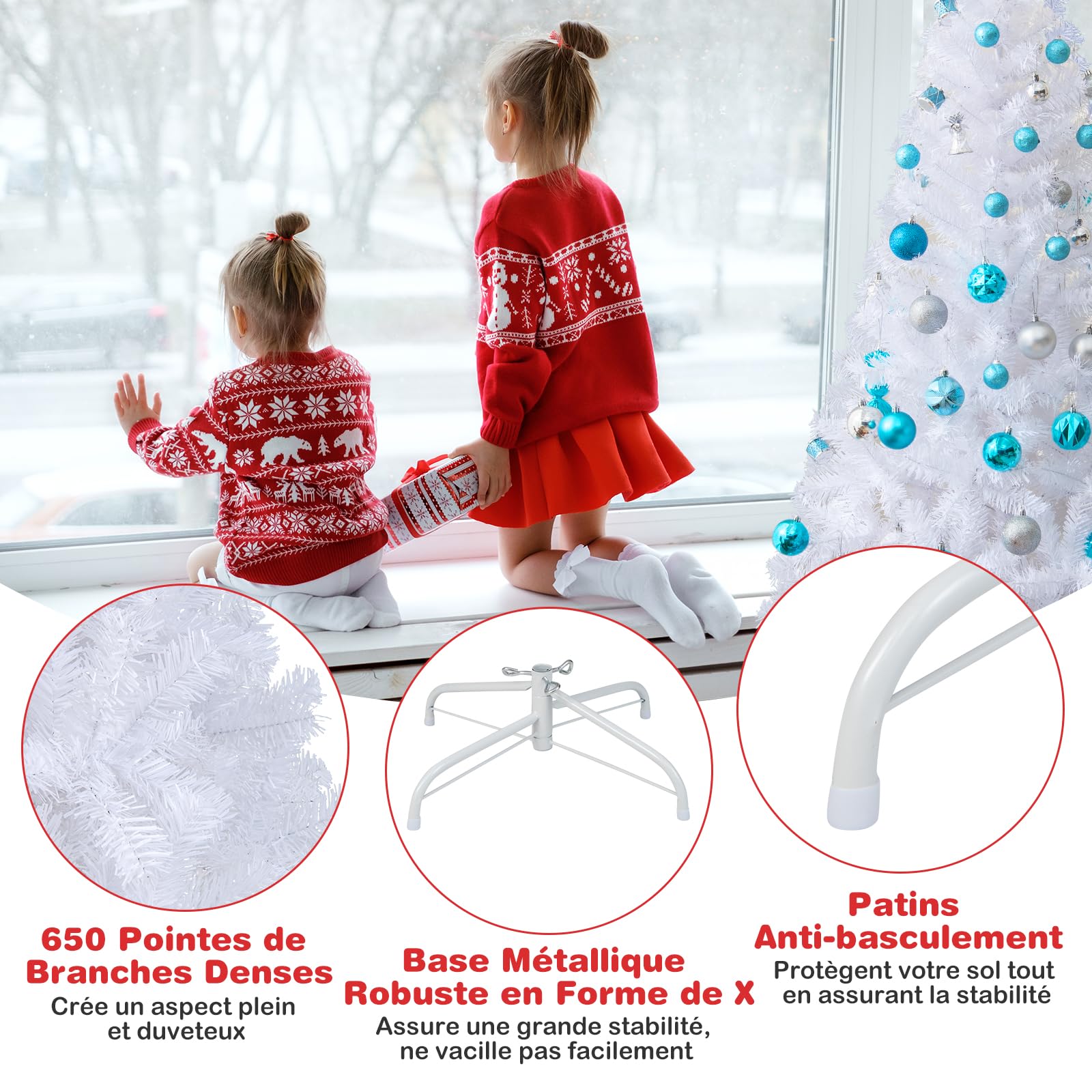 GOPLUS Sapin de Noël Artificiel Blanc 180 cm, Arbre de Nöel avec 650 Branches, Socle en Fer, Feuilles en PVC, Décoration de Noël, Idéal pour Suspendre Guirlande de Lumières et Etoile, 4 Tailles