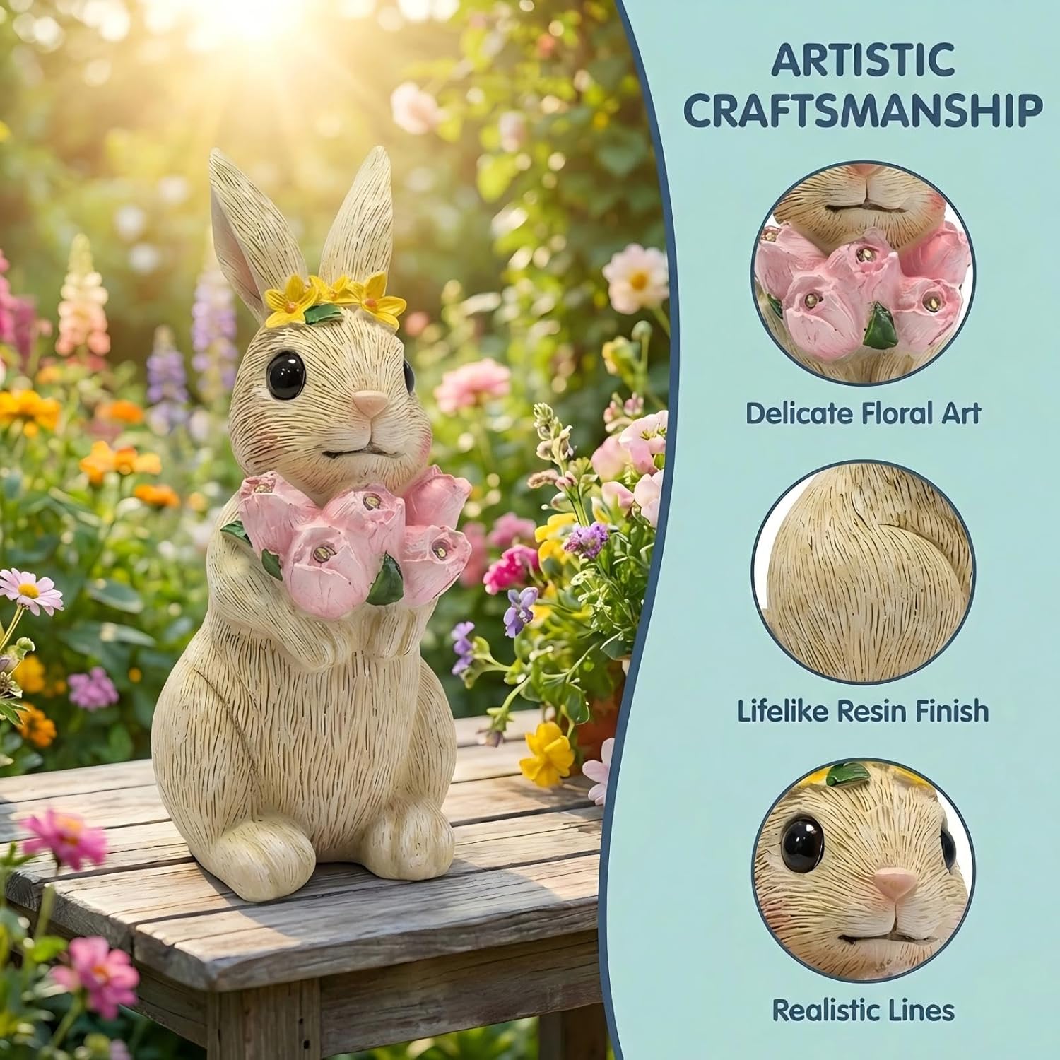 Solar Garden Statues Outdoor Decor,Rabbit Statue with Flowers and 5 LED Lights,Yard Decorations for Patio, Balcony, Backyard, Lawn Ornaments,Unique Birthday House Warming Gifts for Women, Mom, Grandma