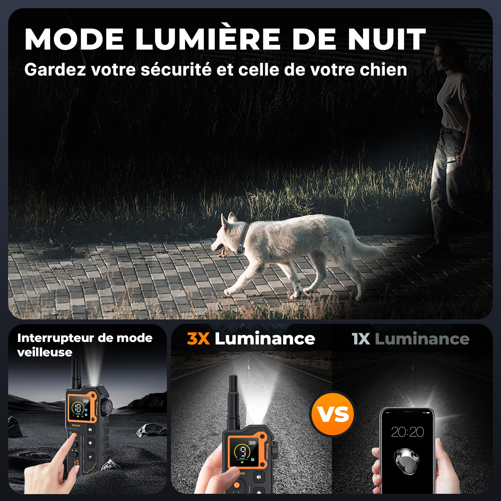 Collier de Dressage pour Chien, Portée 3000 Mètres, Collier Électrique pour Chien avec Télécommande, 4 Modes Lumières/Son/Vibration/Choc, Résistant à l'eau IP67, Adapté Aux Chiens de Petits et Grands
