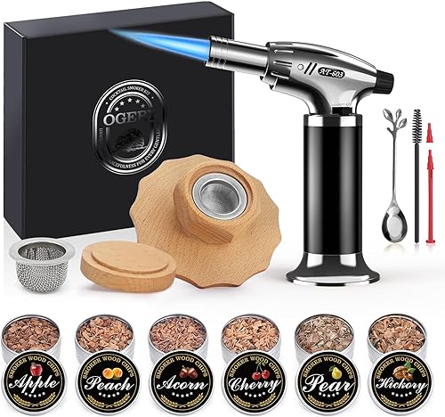 OGERY Kit de ahumador de cóctel con antorcha, kit de ahumador de whisky con chips de madera de 6 sabores, kit de infusor de bebida de bourbon a la