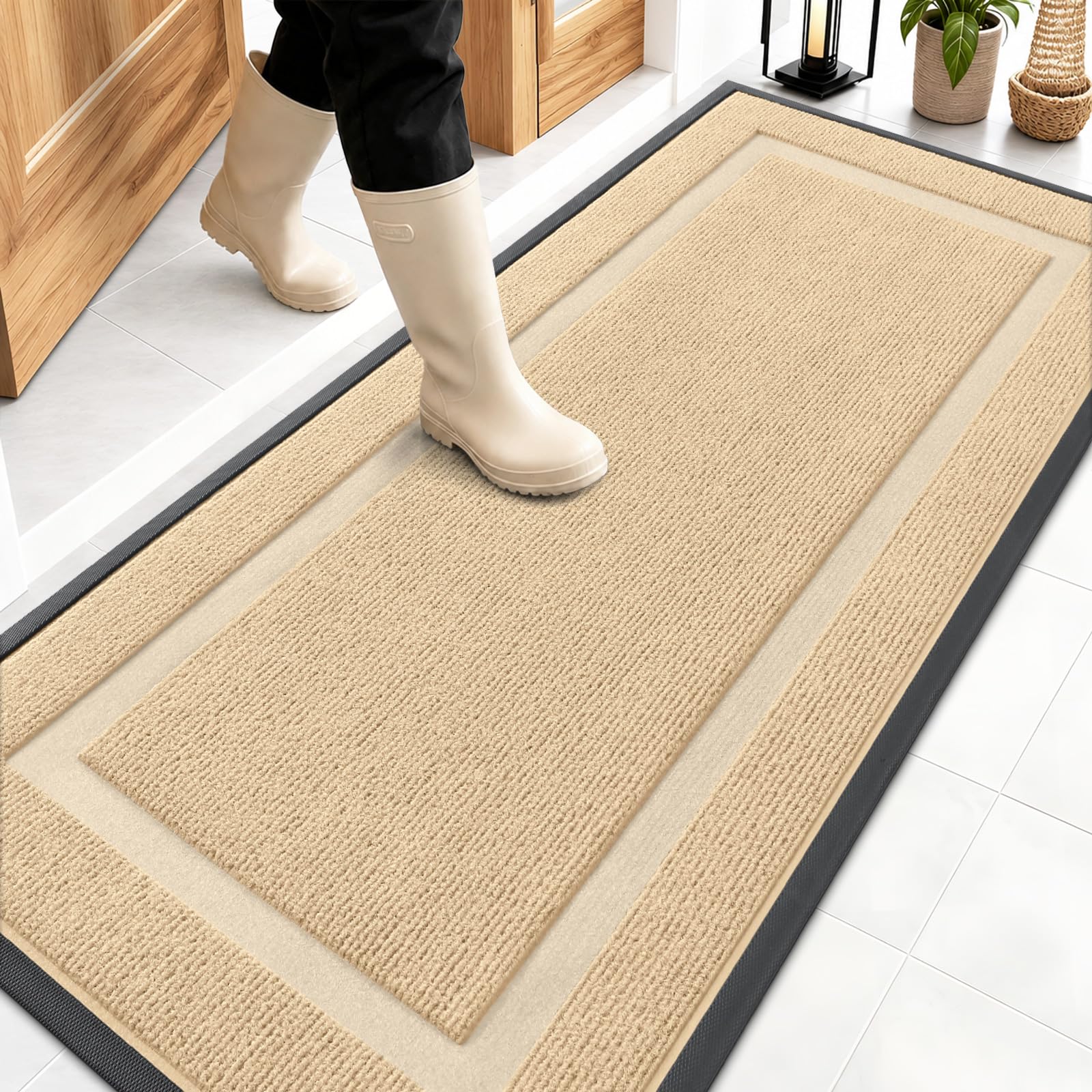 OLANLY Front Door Mat Outside 59x23, All-Season Heavy-Duty Rubber Doormat | Beige, Absorbent, Stain and Fade Resistant, Waterproof Non-Slip Backing, Low-Profile Indoor Outdoor Floor Mat for Entryway