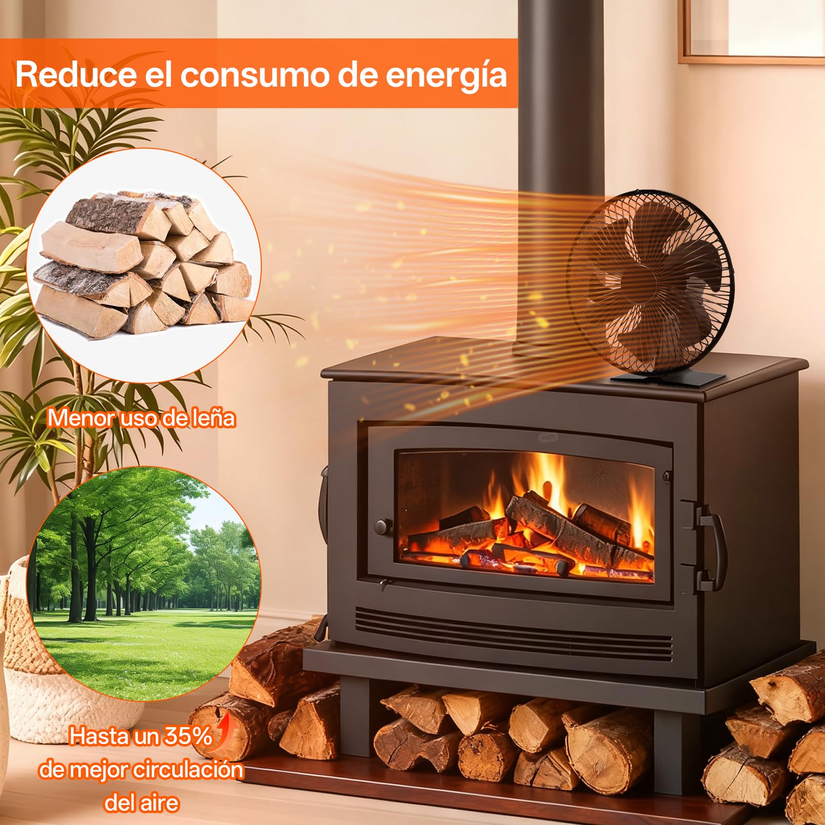 JossaColar Ventilador para Estufa y Chimenea con Rejilla de Protección | Ventilador de 6 Aspas para Tubos de Estufa | Ventilador para Chimenea sin Electricidad